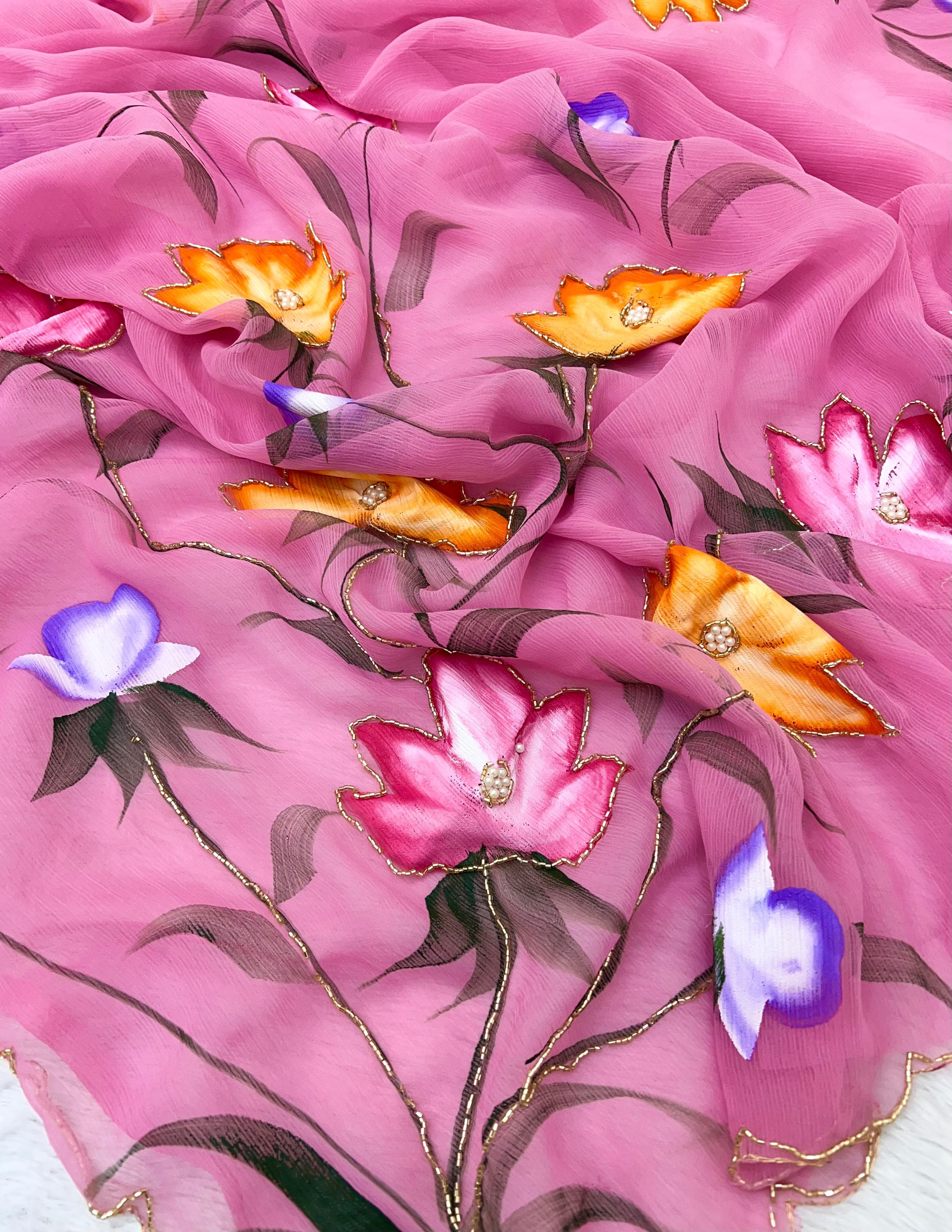 New Function Wear Pure Chiffon Handwork with Handbrush Floral & Cutwork Design Saree With Blouse