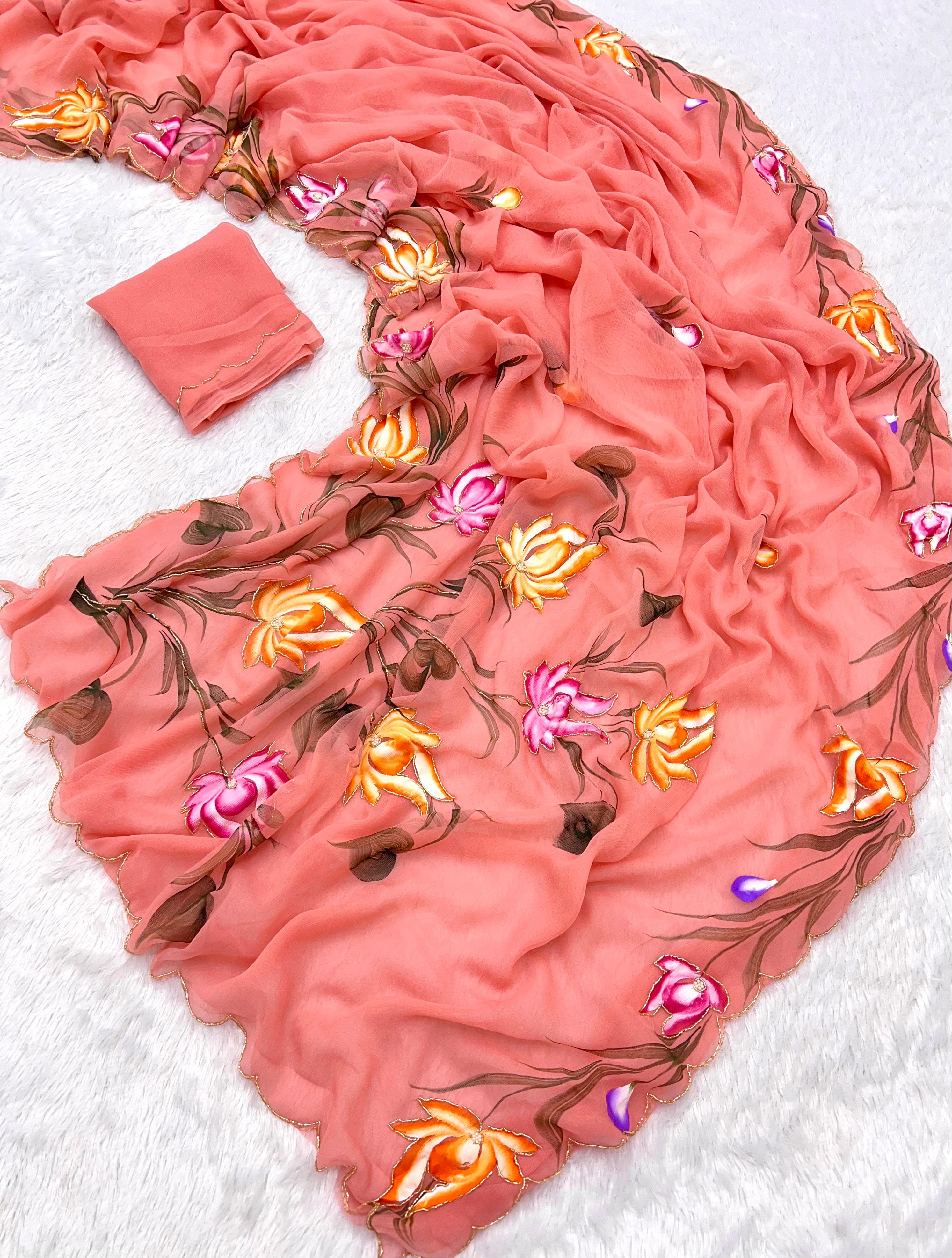 New Function Wear Pure Chiffon Handwork with Handbrush Floral & Cutwork Design Saree With Blouse