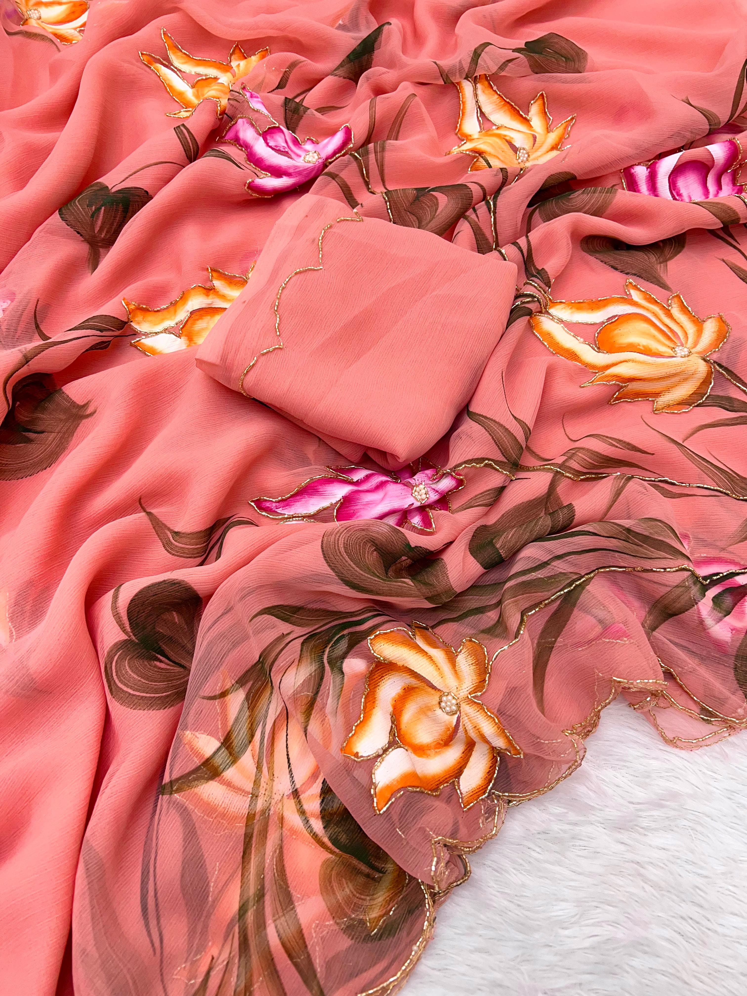 New Function Wear Pure Chiffon Handwork with Handbrush Floral & Cutwork Design Saree With Blouse