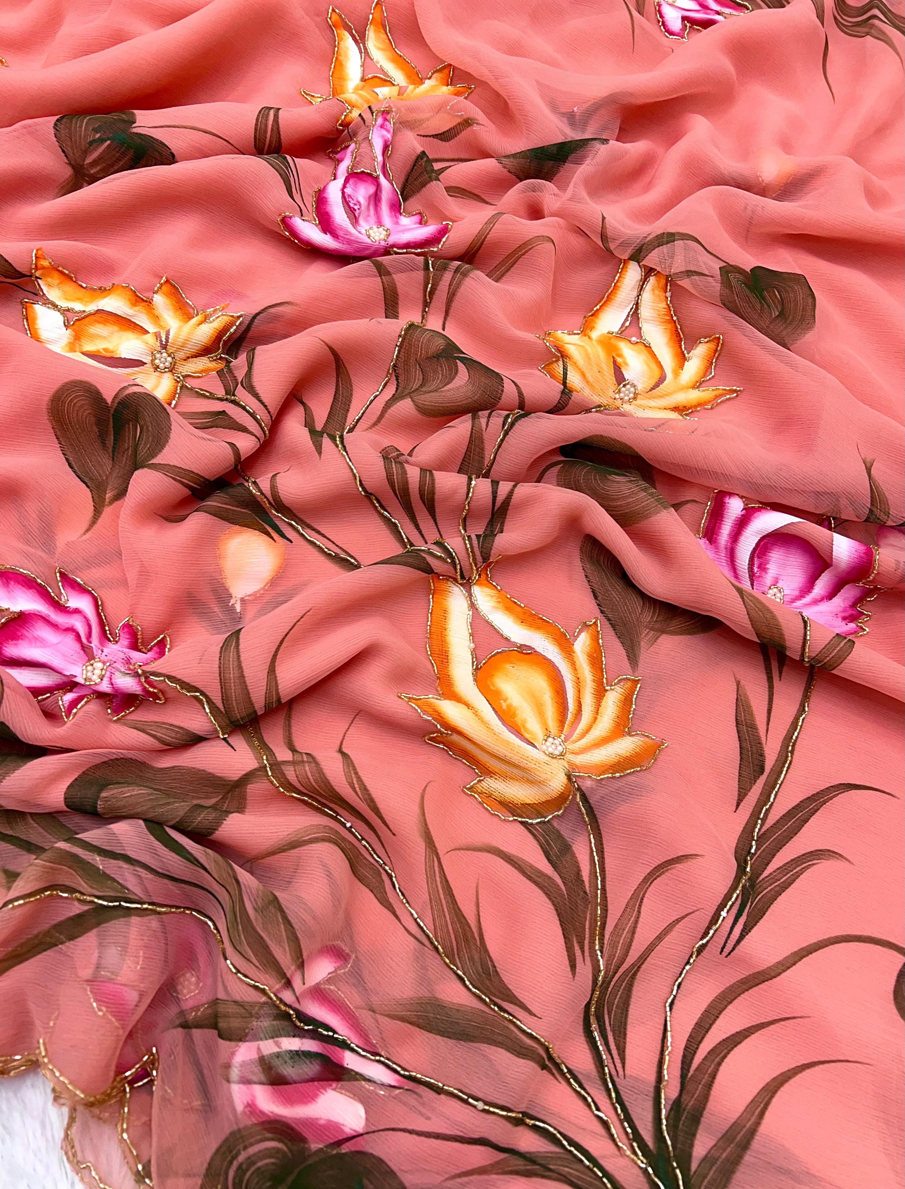 New Function Wear Pure Chiffon Handwork with Handbrush Floral & Cutwork Design Saree With Blouse