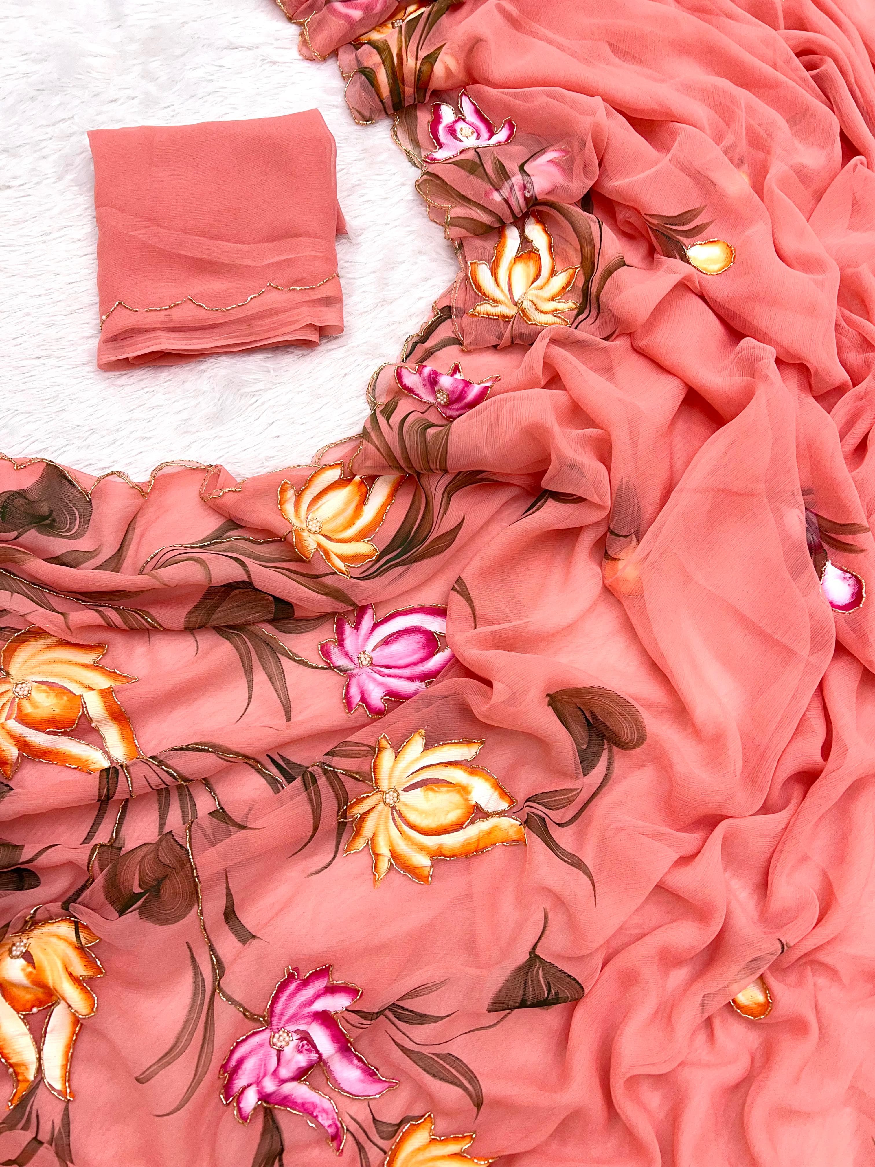 New Function Wear Pure Chiffon Handwork with Handbrush Floral & Cutwork Design Saree With Blouse
