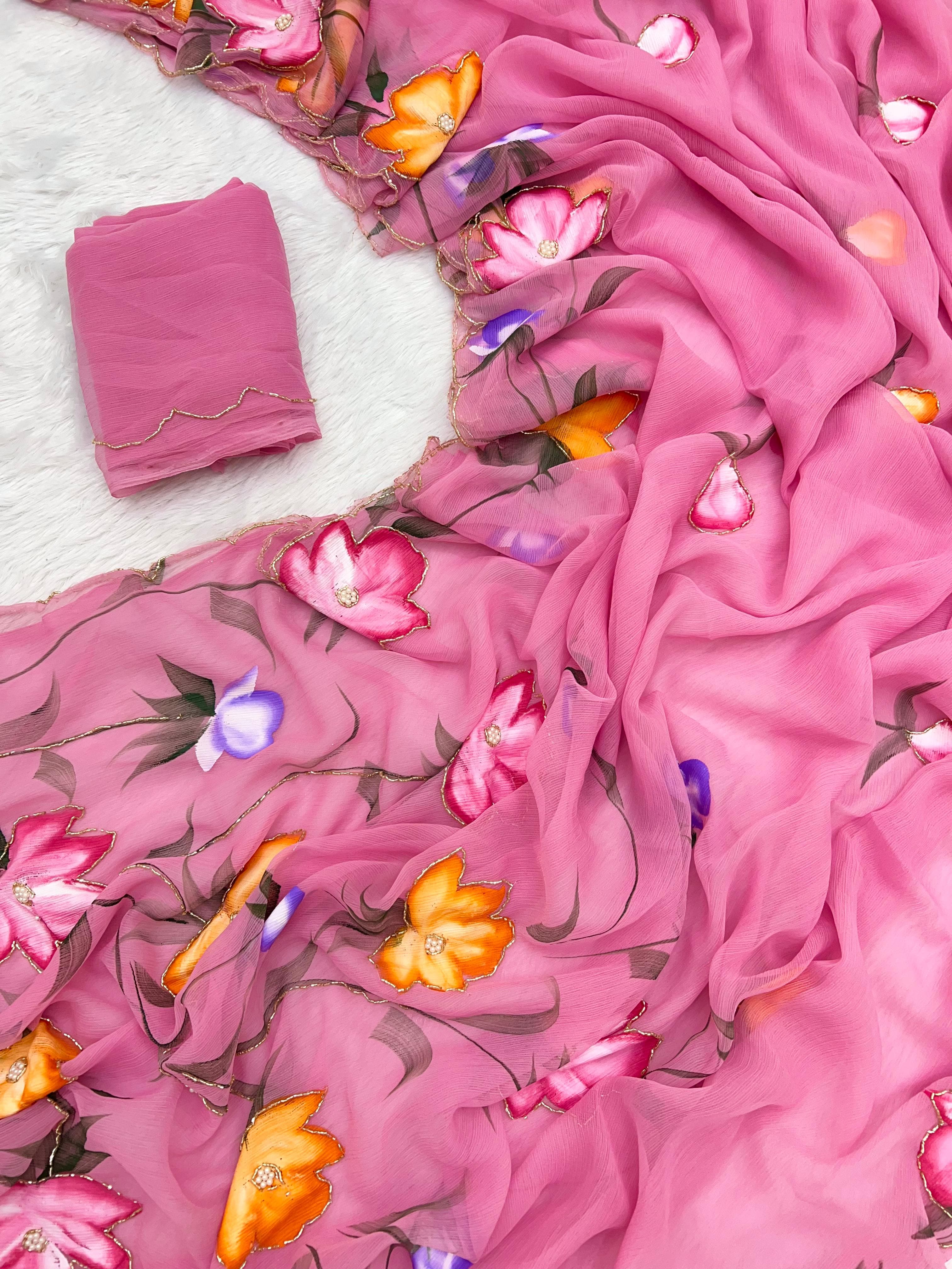 New Function Wear Pure Chiffon Handwork with Handbrush Floral & Cutwork Design Saree With Blouse