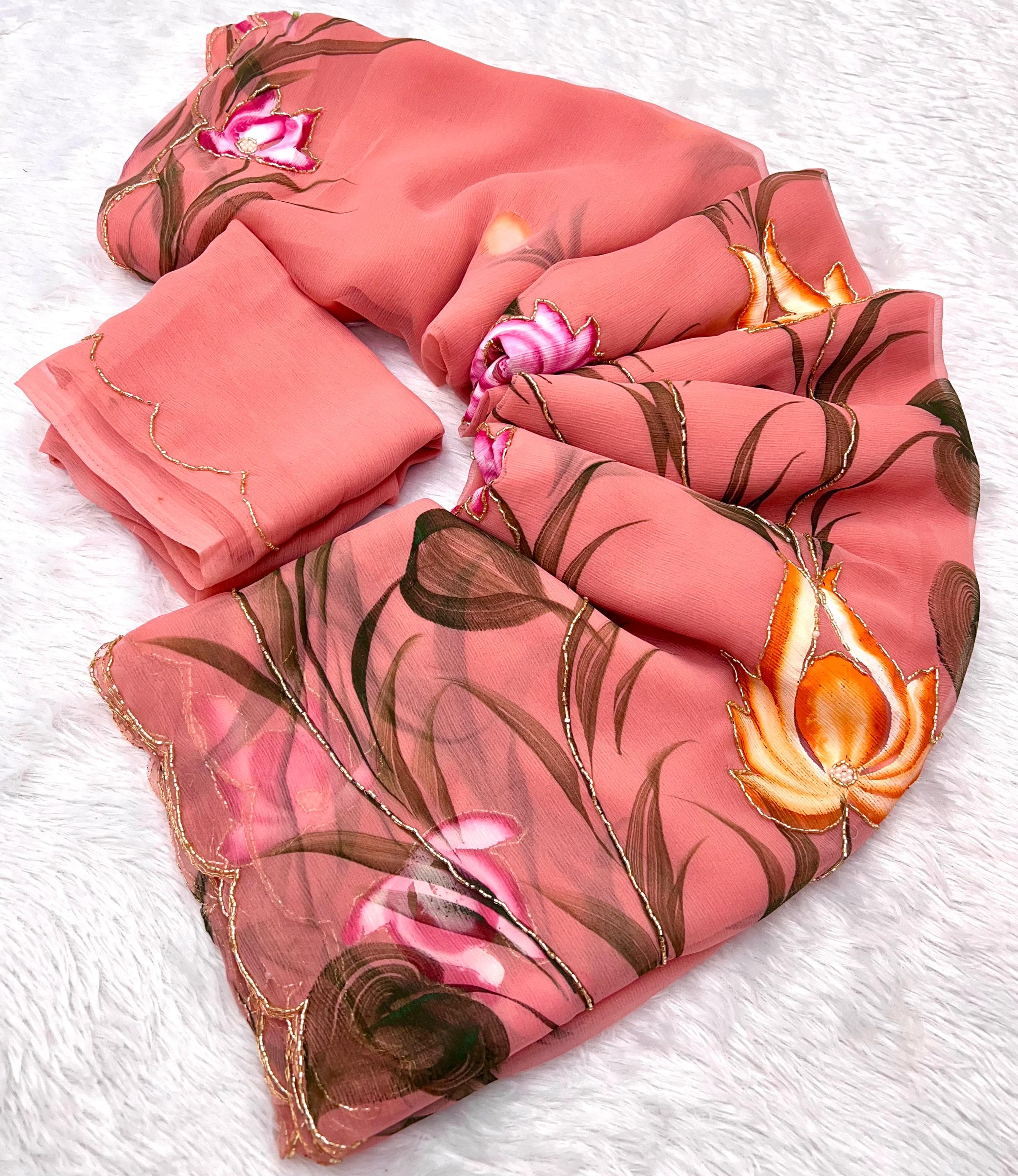 New Function Wear Pure Chiffon Handwork with Handbrush Floral & Cutwork Design Saree With Blouse