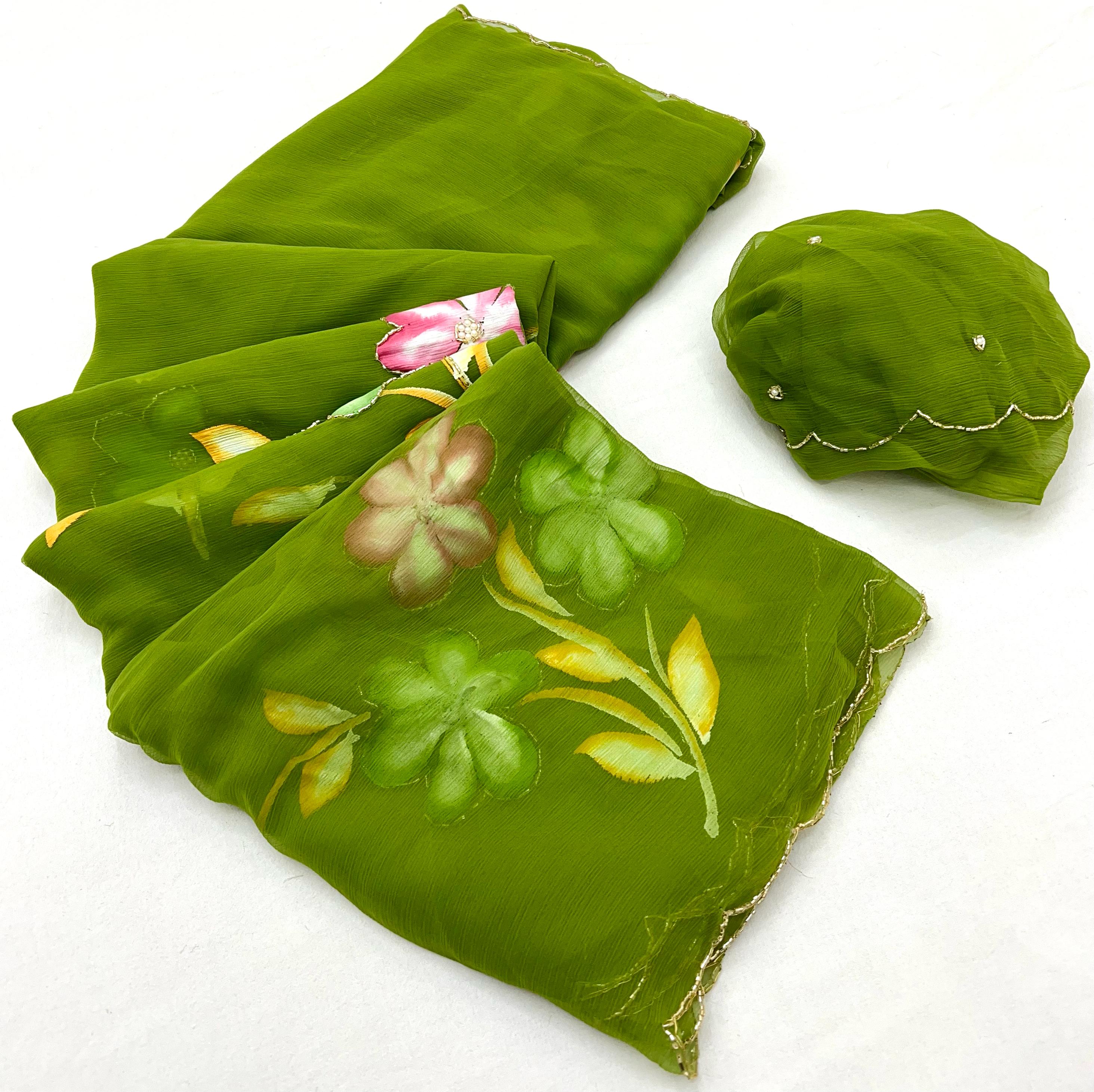 New Function Wear Designer Pure Chiffon Handwork with Handbrush Floral & Cutwork Design Saree With Blouse