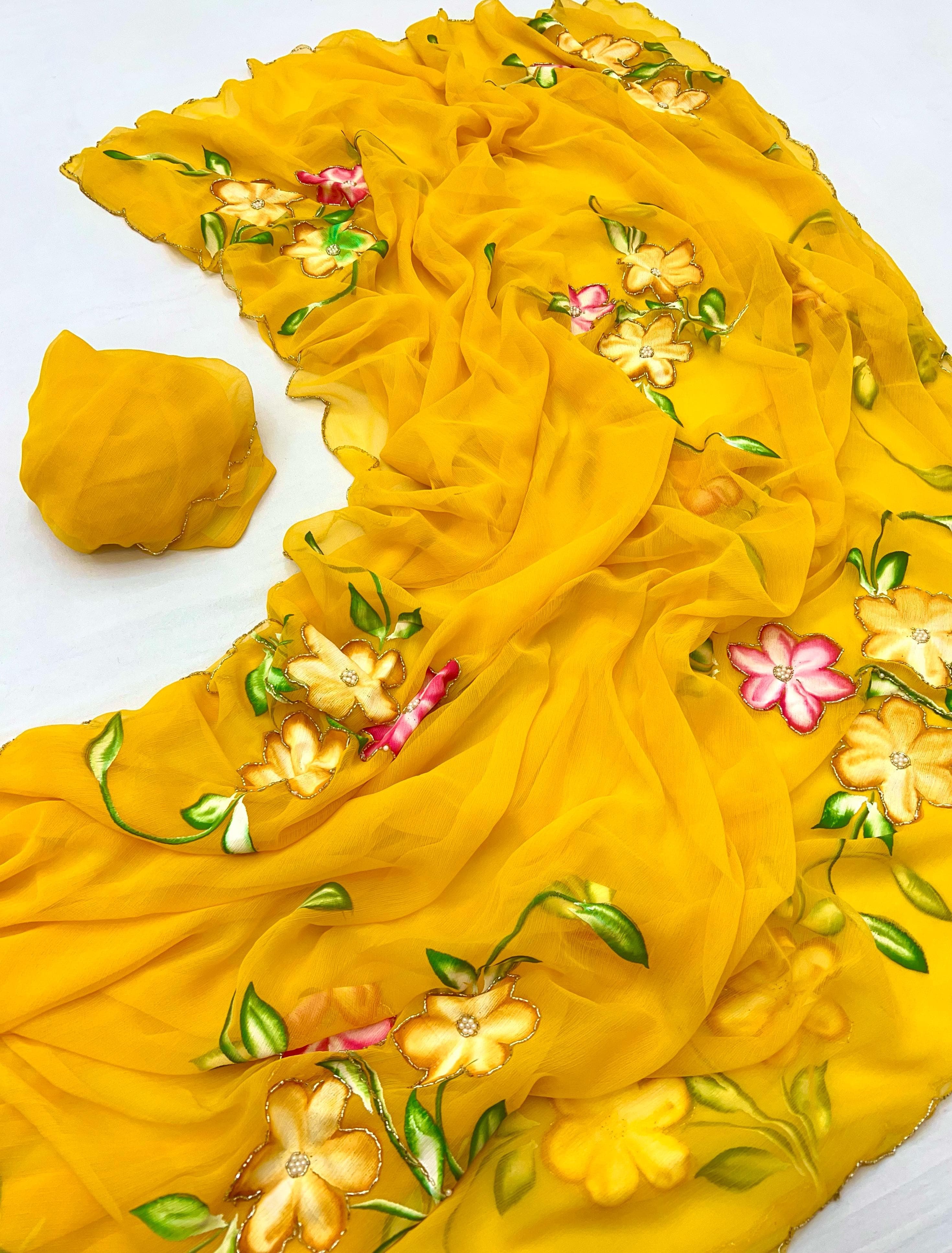 New Function Wear Designer Pure Chiffon Handwork with Handbrush Floral & Cutwork Design Saree With Blouse