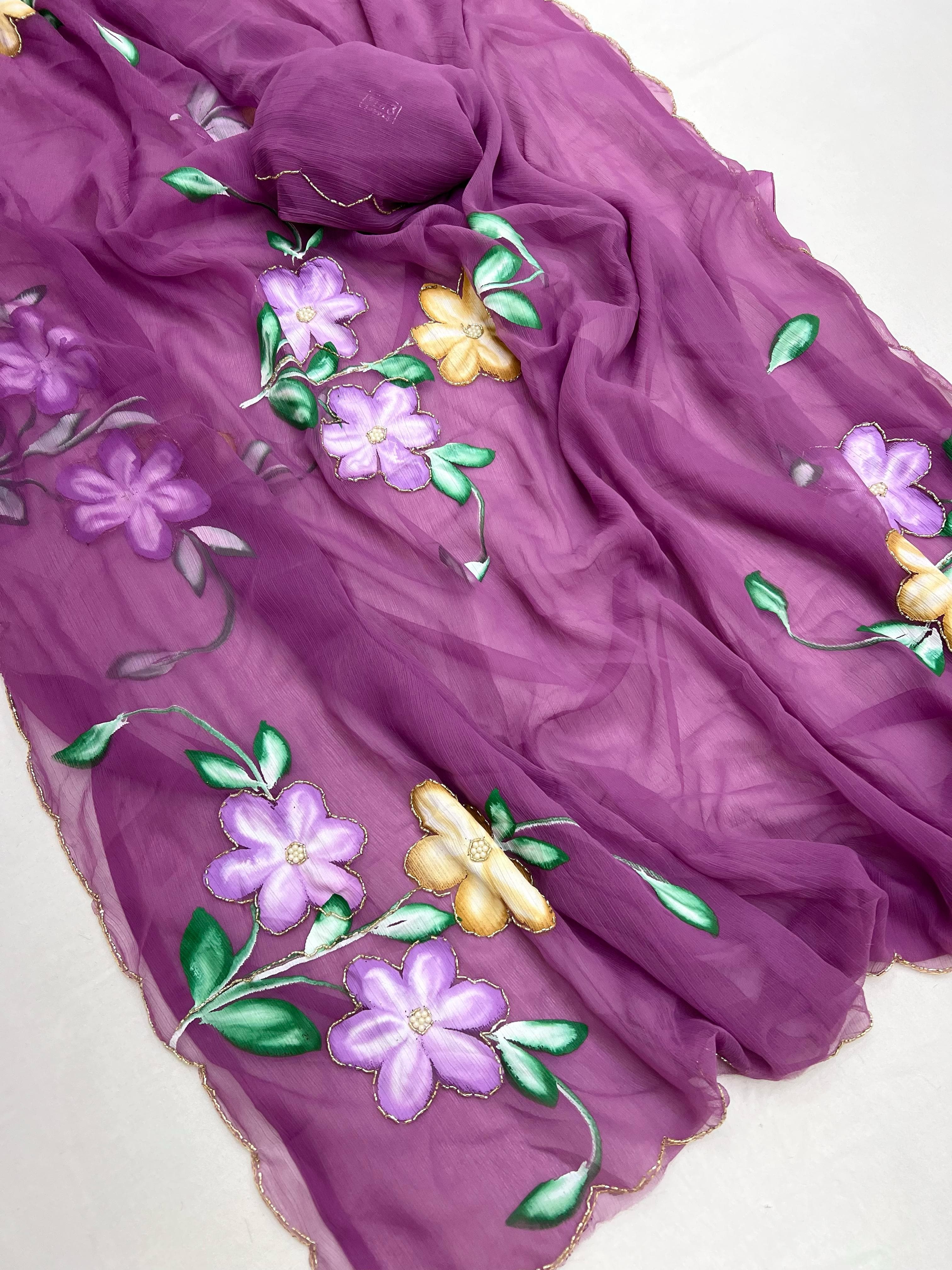 New Function Wear Designer Pure Chiffon Handwork with Handbrush Floral & Cutwork Design Saree With Blouse