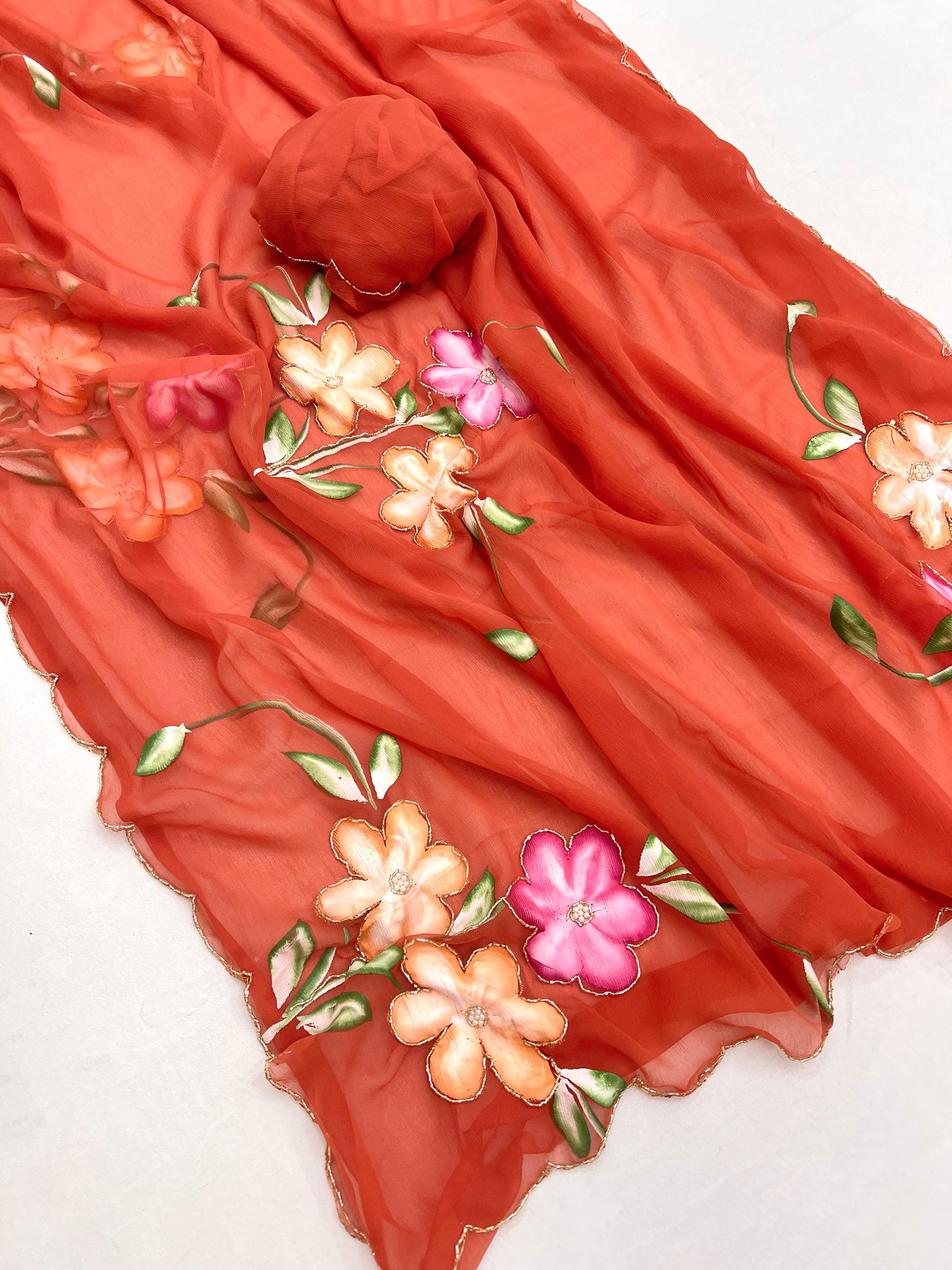 New Function Wear Designer Pure Chiffon Handwork with Handbrush Floral & Cutwork Design Saree With Blouse