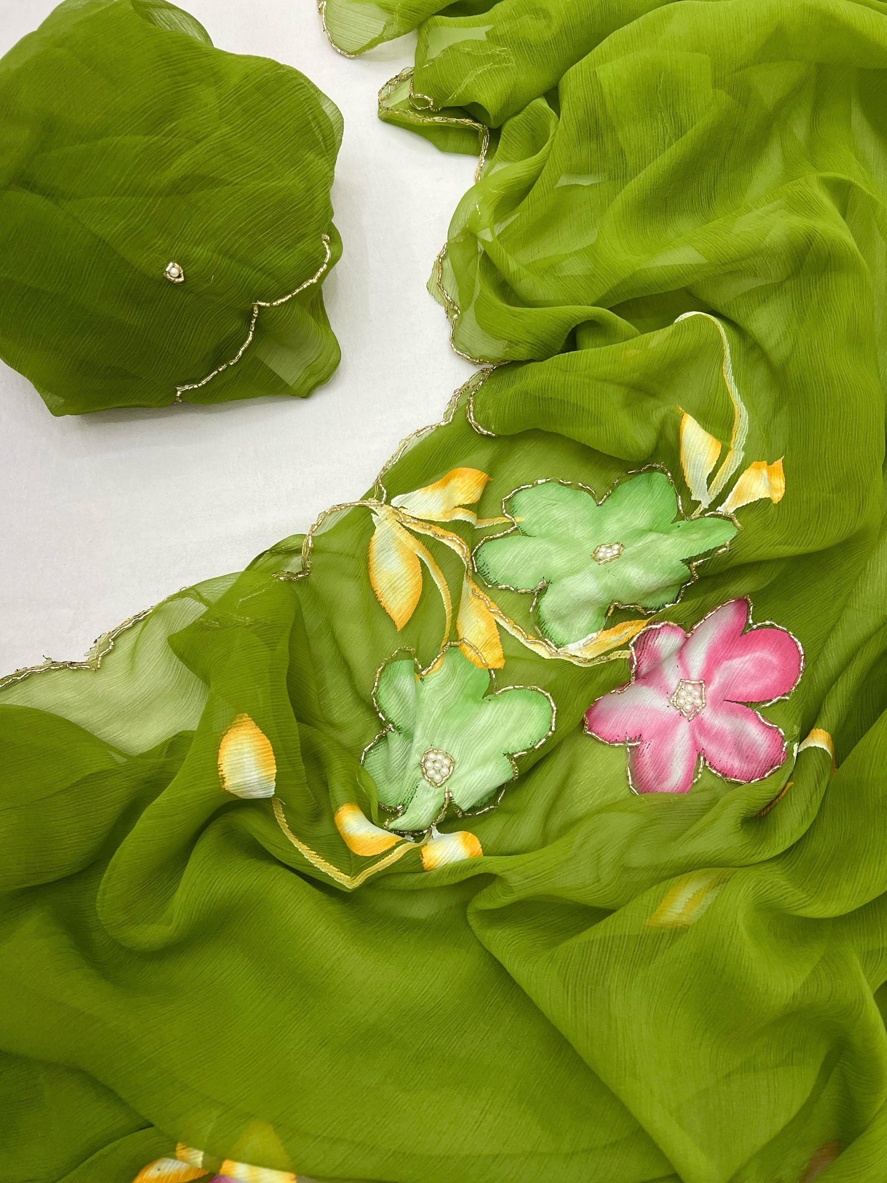 New Function Wear Designer Pure Chiffon Handwork with Handbrush Floral & Cutwork Design Saree With Blouse