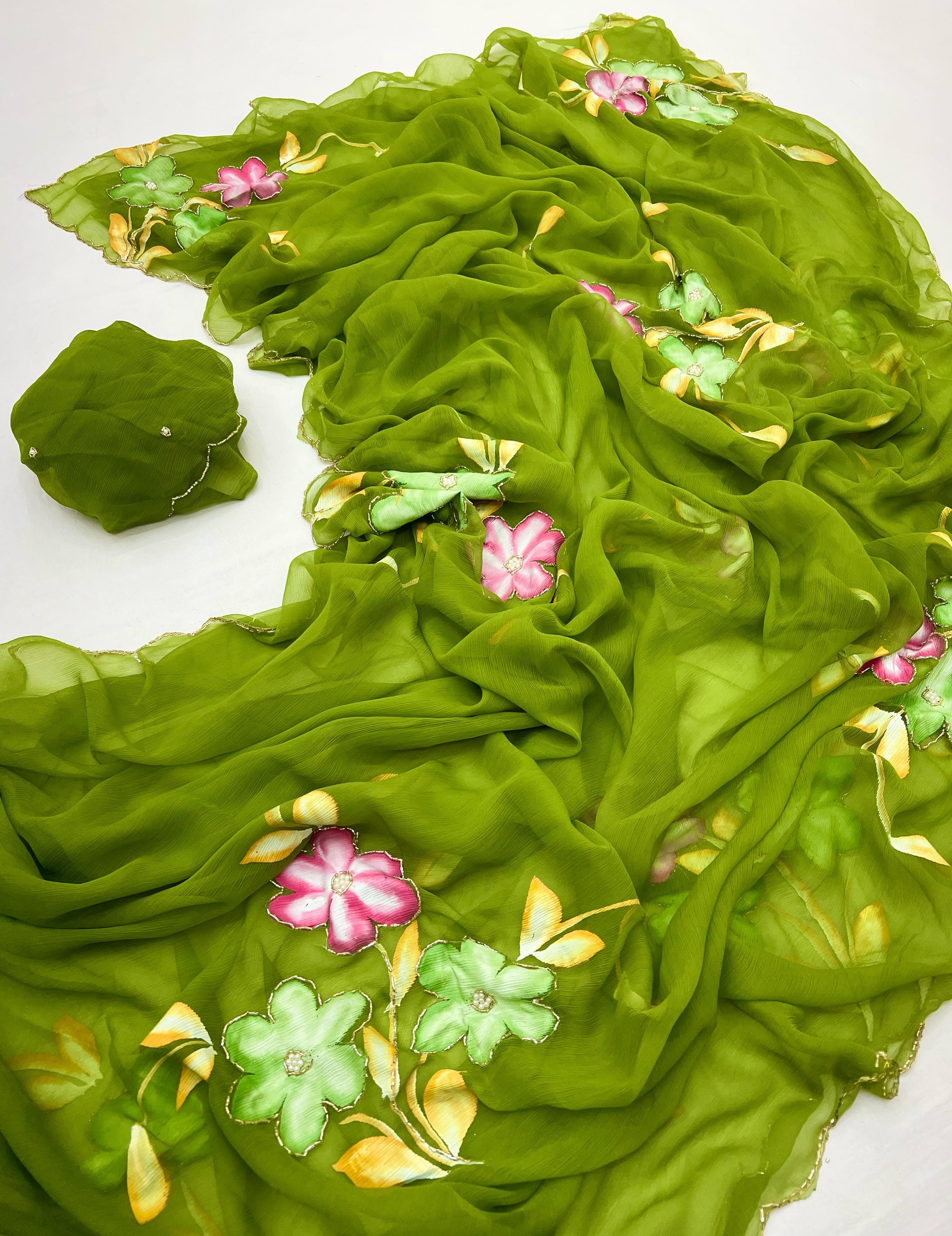 New Function Wear Designer Pure Chiffon Handwork with Handbrush Floral & Cutwork Design Saree With Blouse