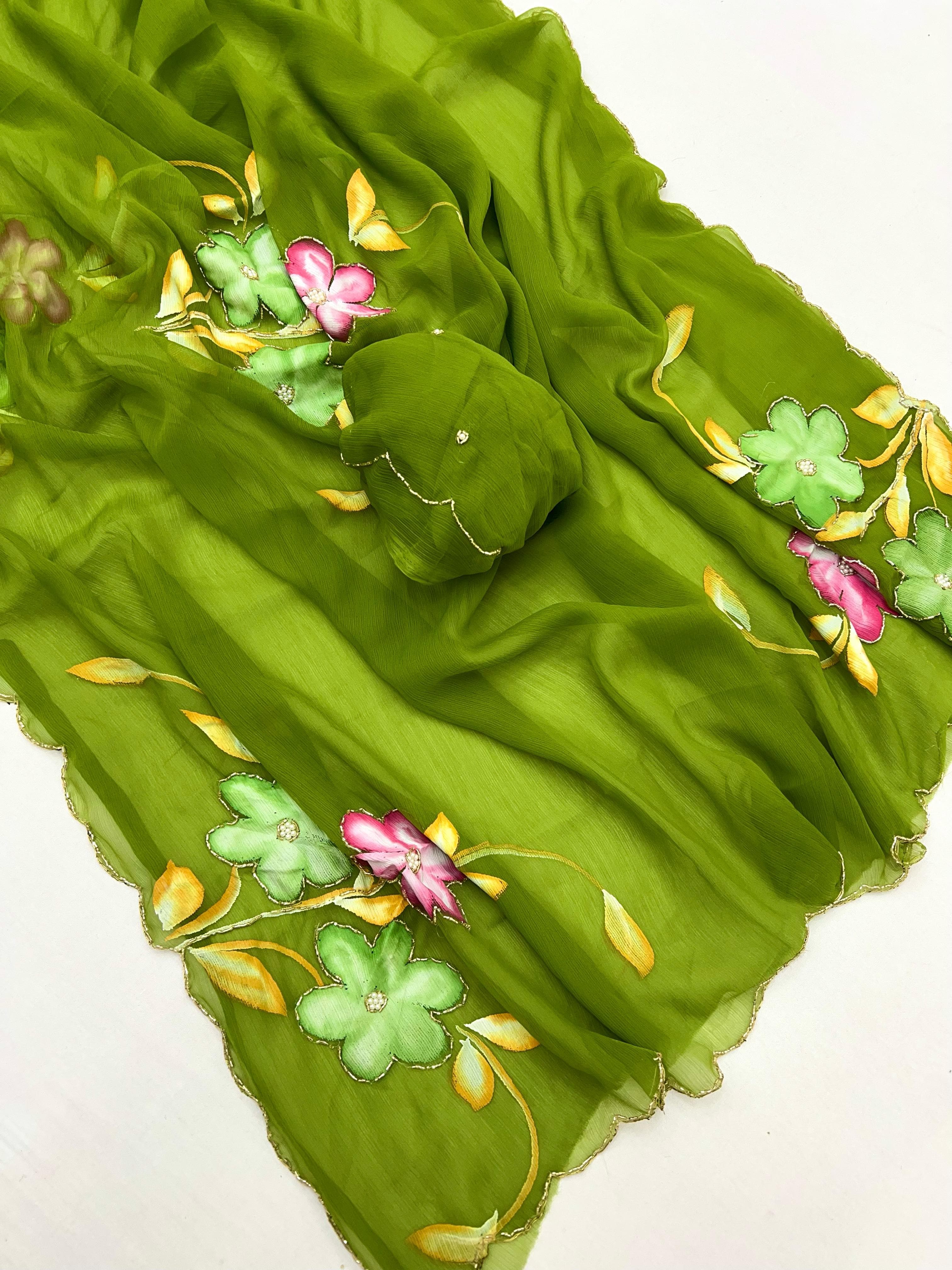 New Function Wear Designer Pure Chiffon Handwork with Handbrush Floral & Cutwork Design Saree With Blouse