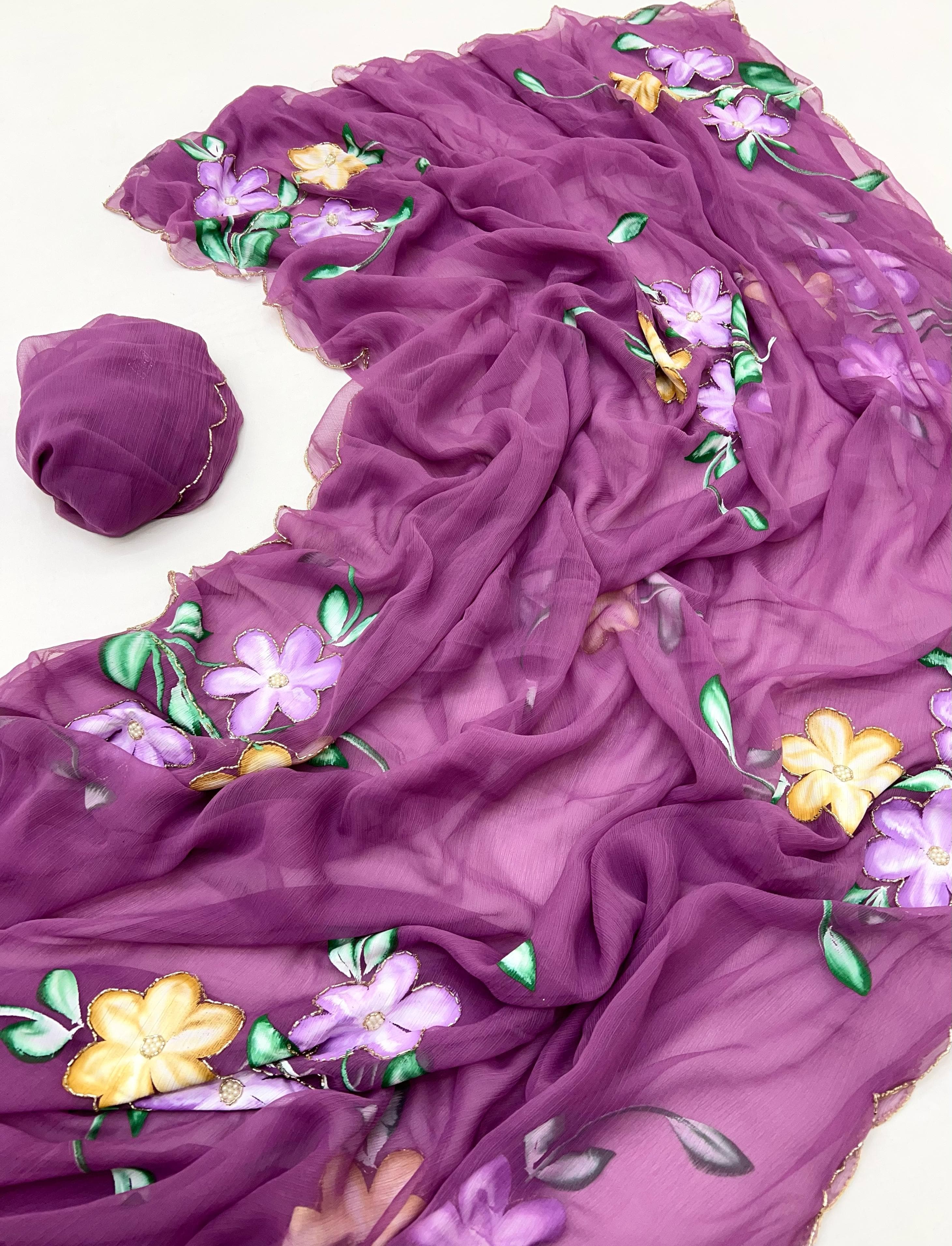 New Function Wear Designer Pure Chiffon Handwork with Handbrush Floral & Cutwork Design Saree With Blouse