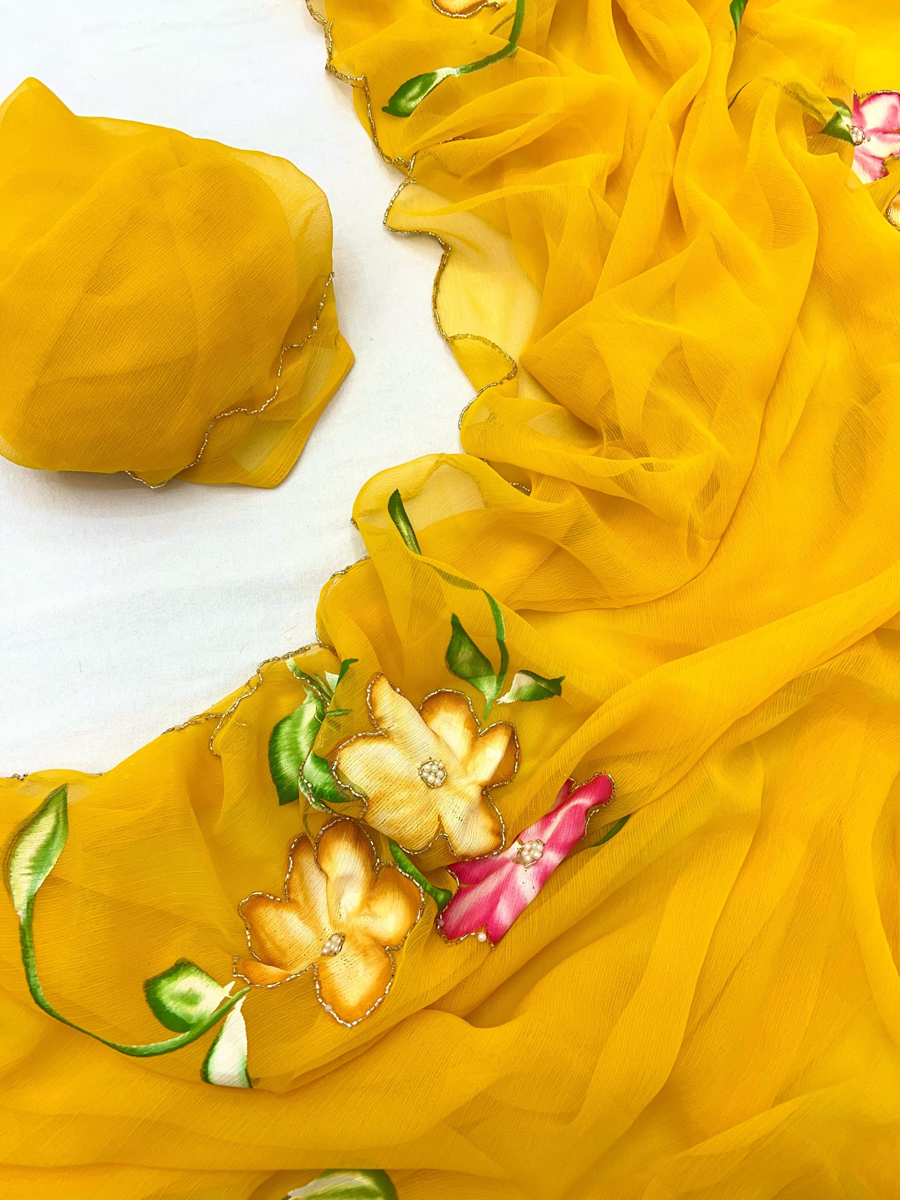 New Function Wear Designer Pure Chiffon Handwork with Handbrush Floral & Cutwork Design Saree With Blouse
