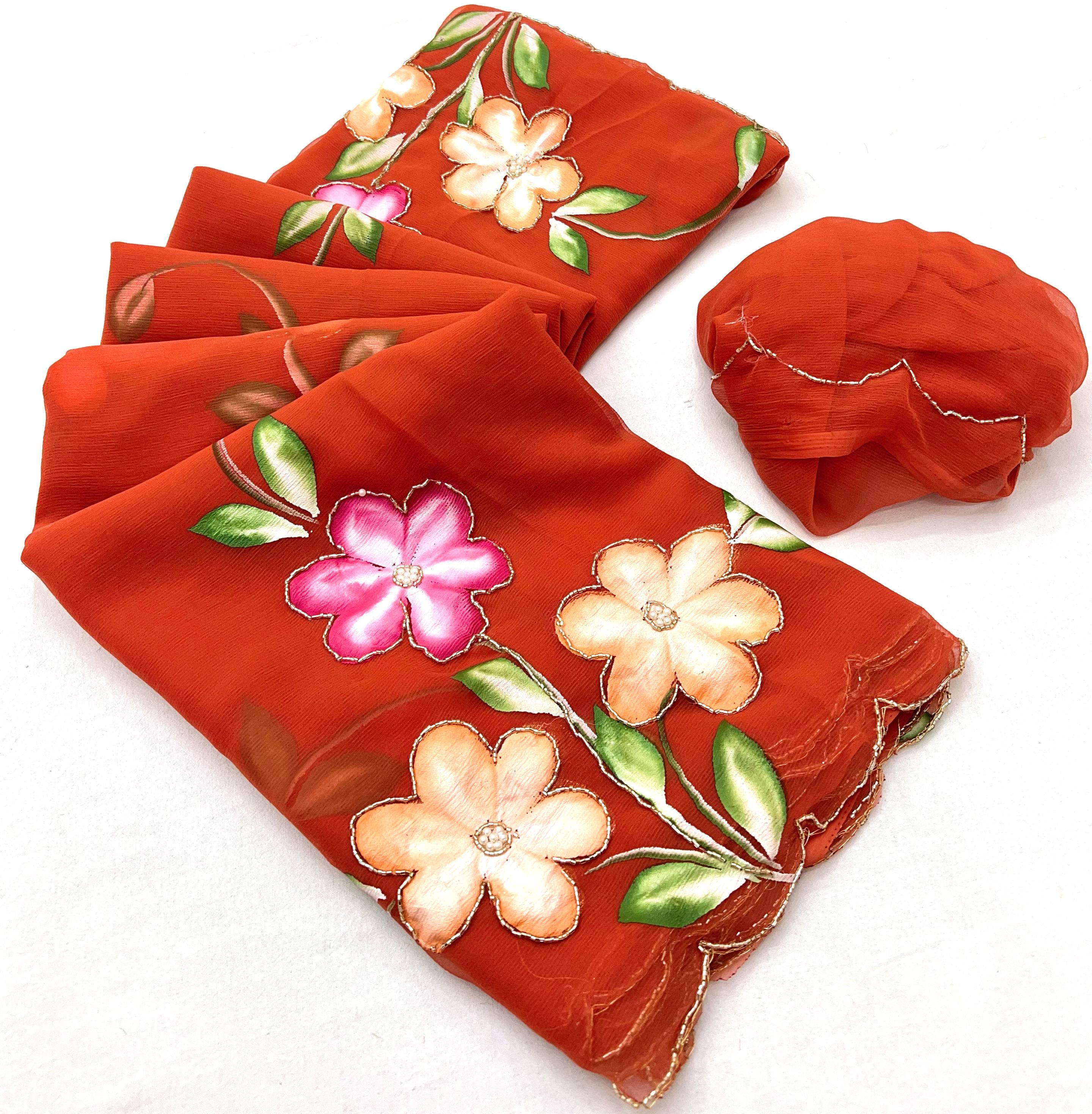 New Function Wear Designer Pure Chiffon Handwork with Handbrush Floral & Cutwork Design Saree With Blouse
