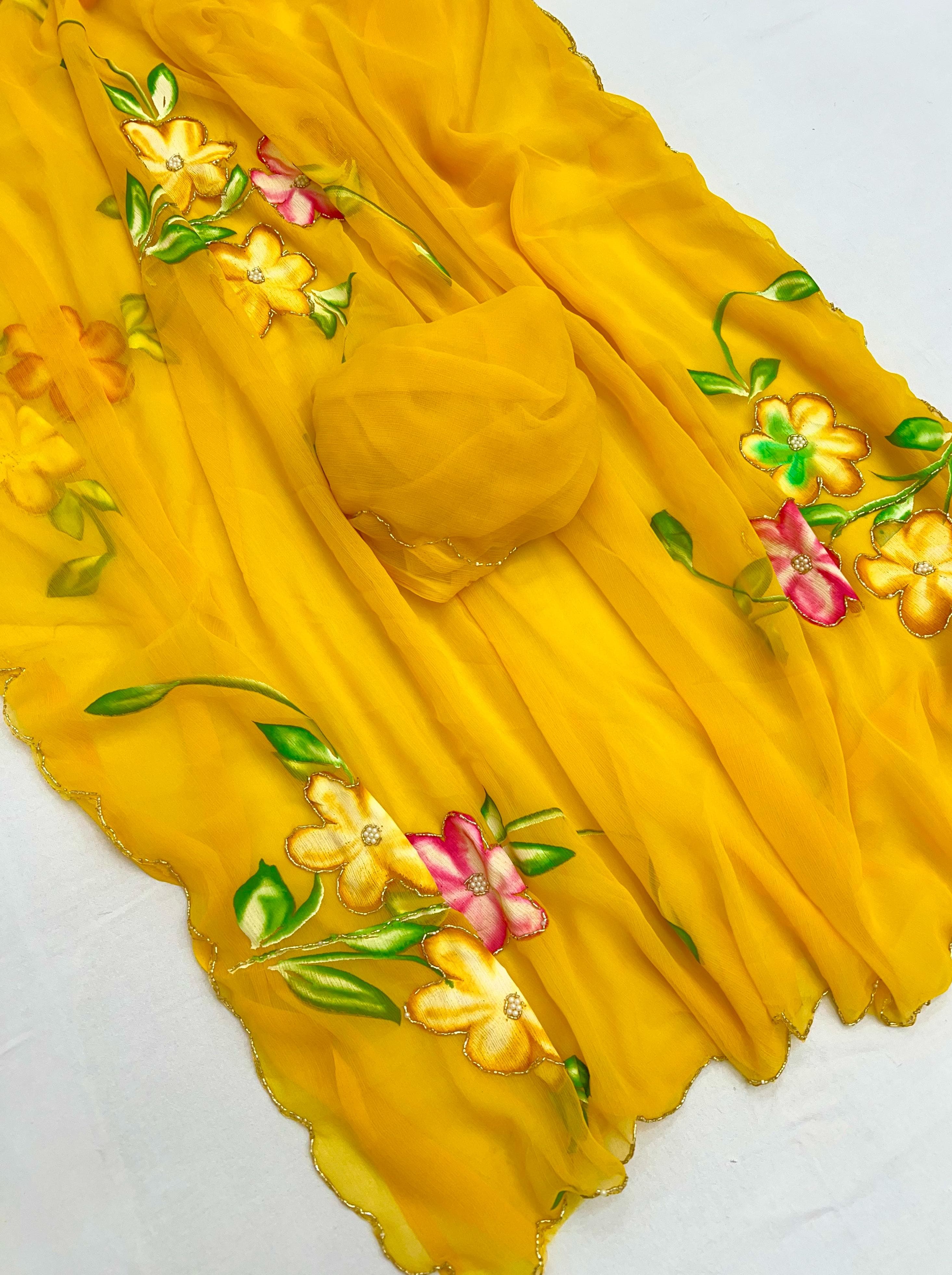 New Function Wear Designer Pure Chiffon Handwork with Handbrush Floral & Cutwork Design Saree With Blouse