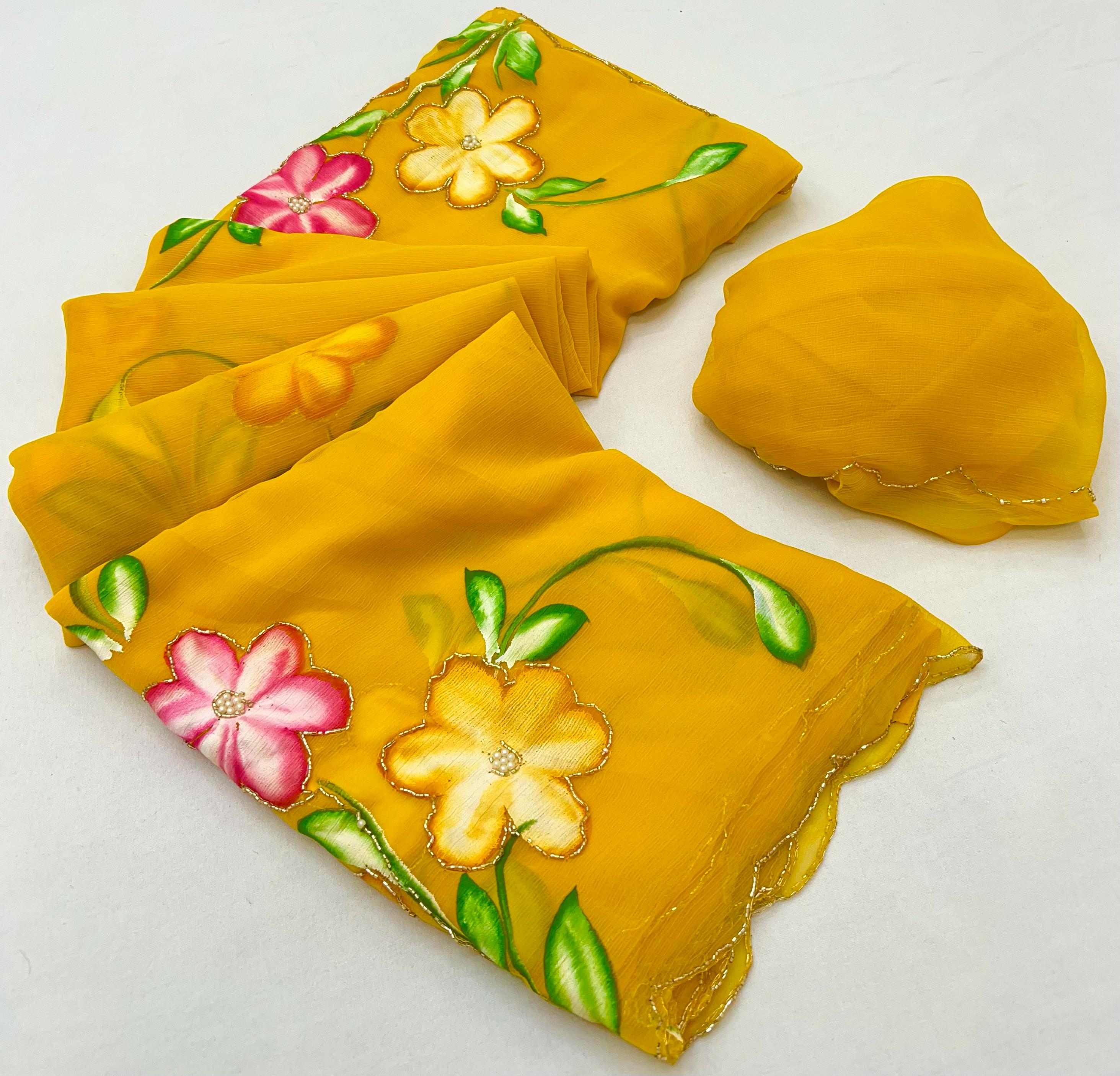 New Function Wear Designer Pure Chiffon Handwork with Handbrush Floral & Cutwork Design Saree With Blouse