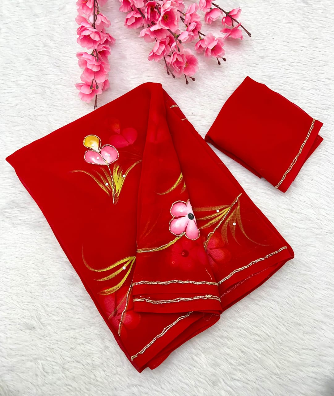 New Partywear Pure Georgette Handwork Floral Handbrush & Khatli Work Saree
