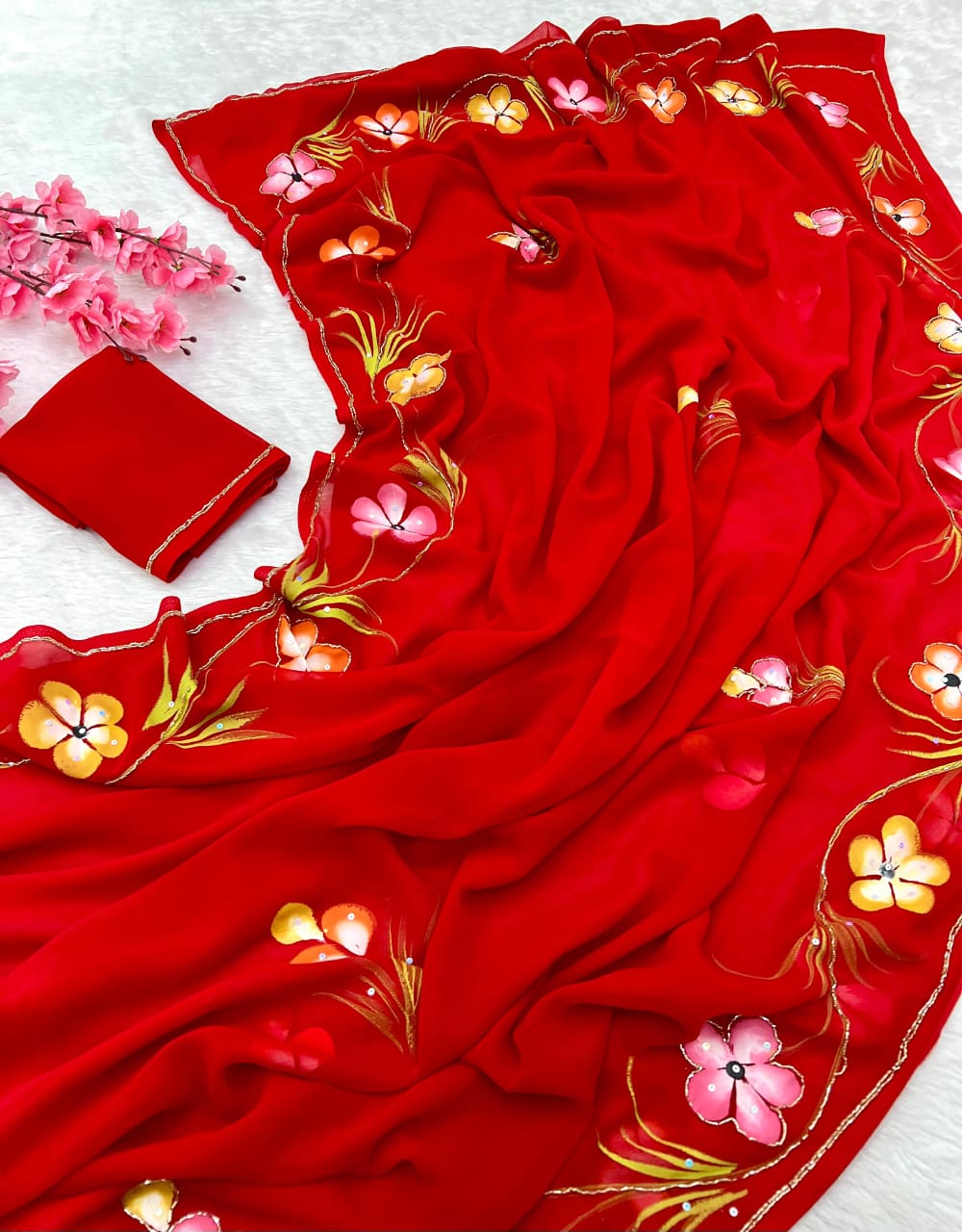 New Partywear Pure Georgette Handwork Floral Handbrush & Khatli Work Saree