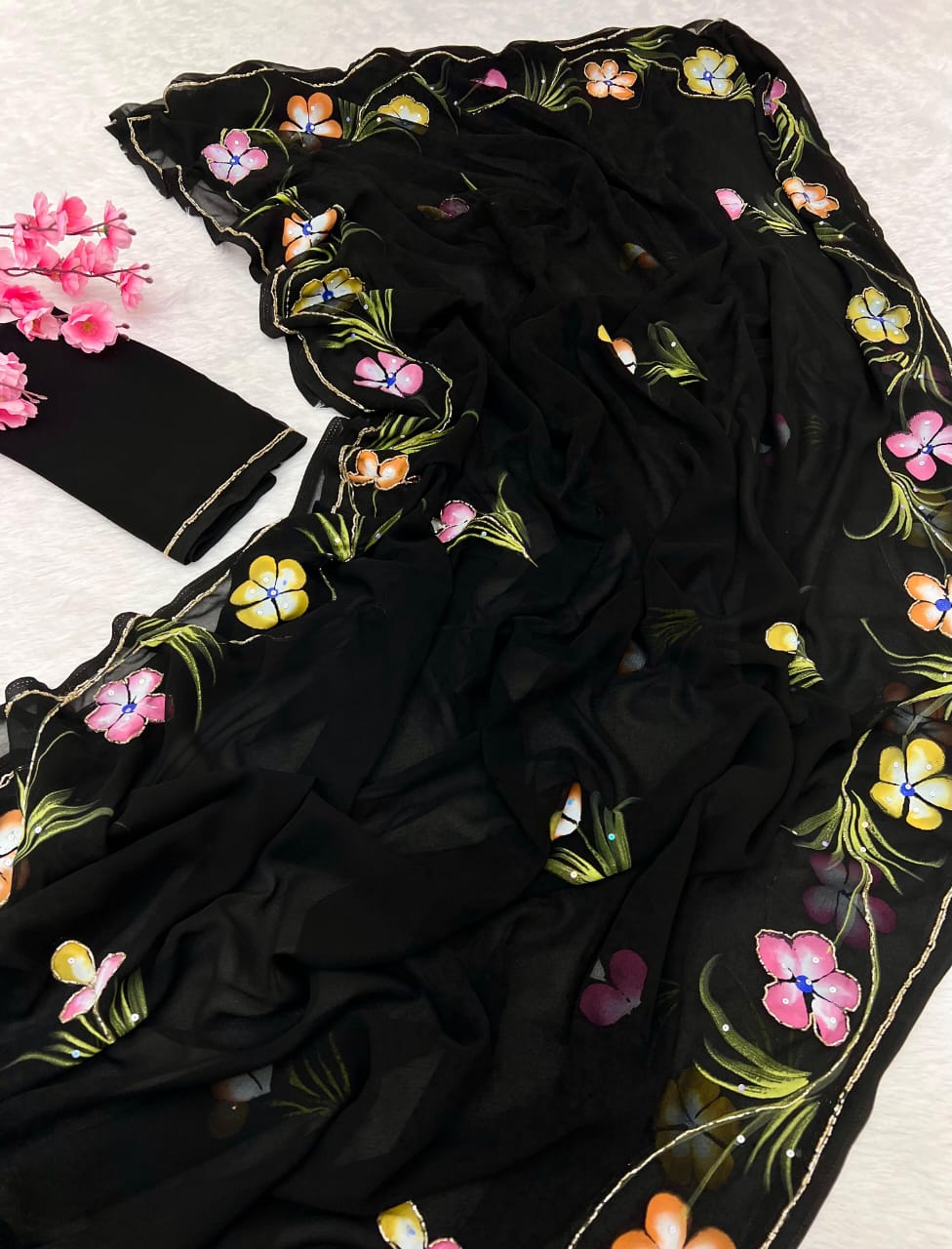 New Partywear Pure Georgette Handwork Floral Handbrush & Khatli Work Saree