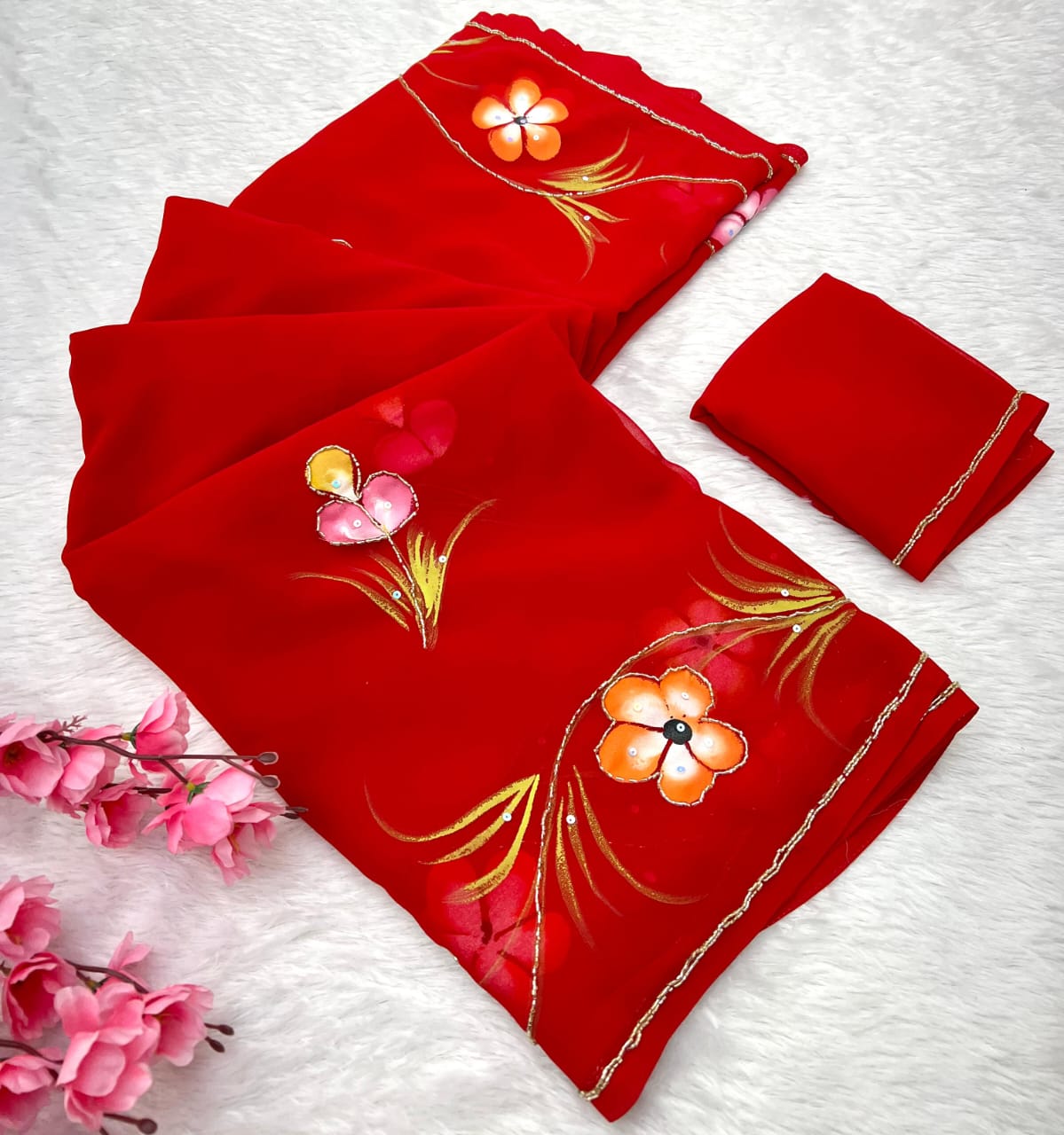 New Partywear Pure Georgette Handwork Floral Handbrush & Khatli Work Saree