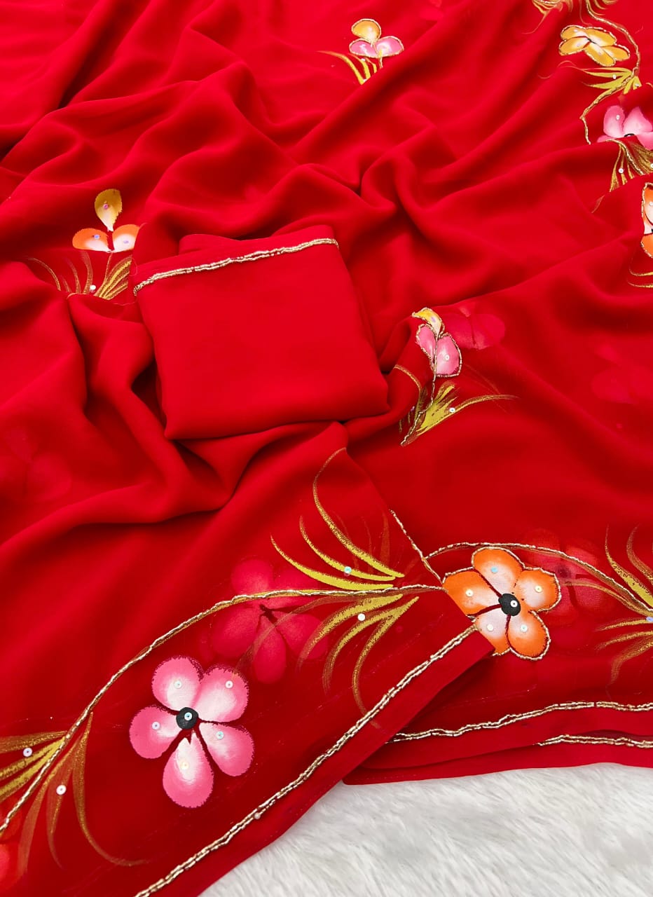New Partywear Pure Georgette Handwork Floral Handbrush & Khatli Work Saree