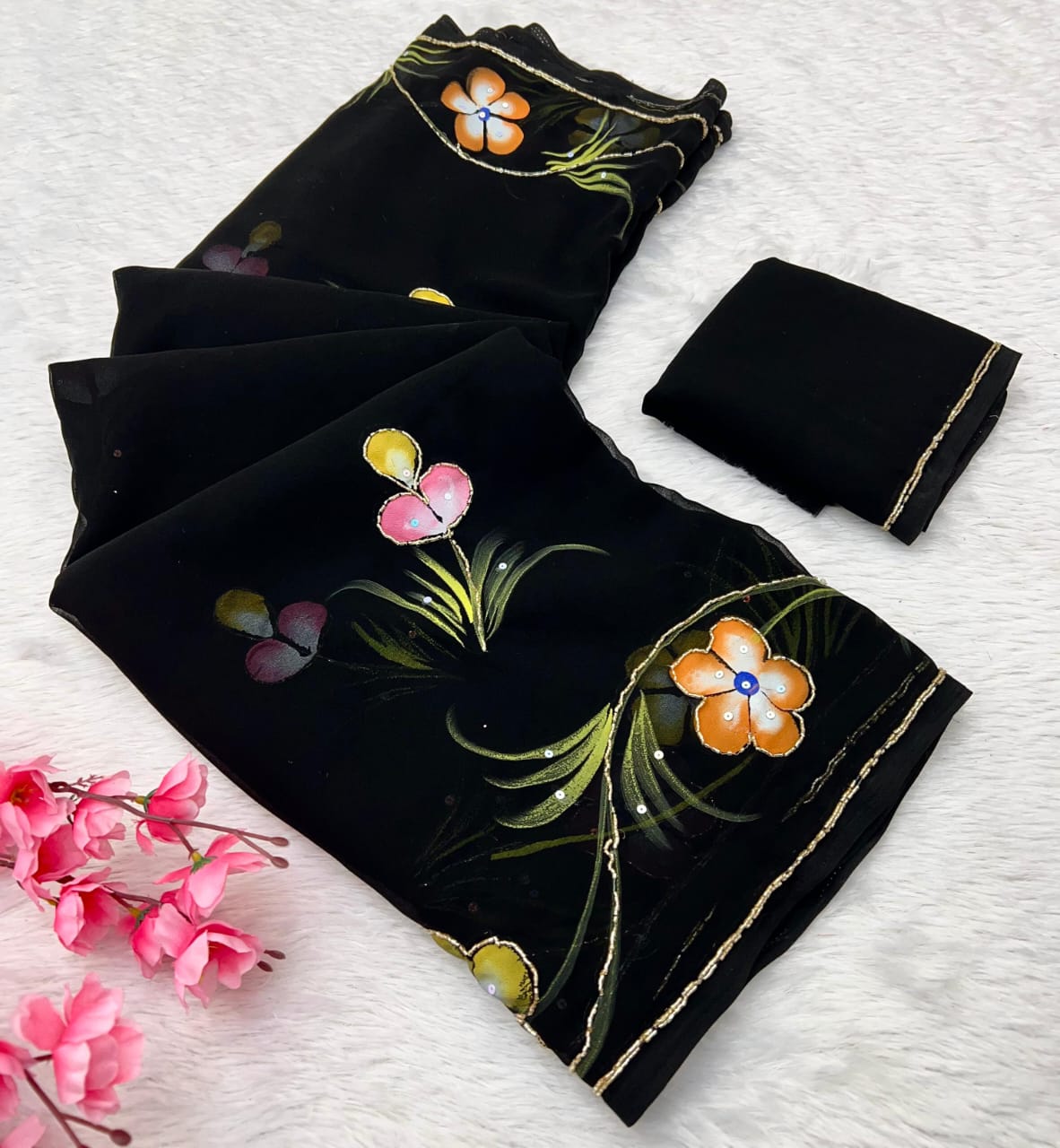 New Partywear Pure Georgette Handwork Floral Handbrush & Khatli Work Saree