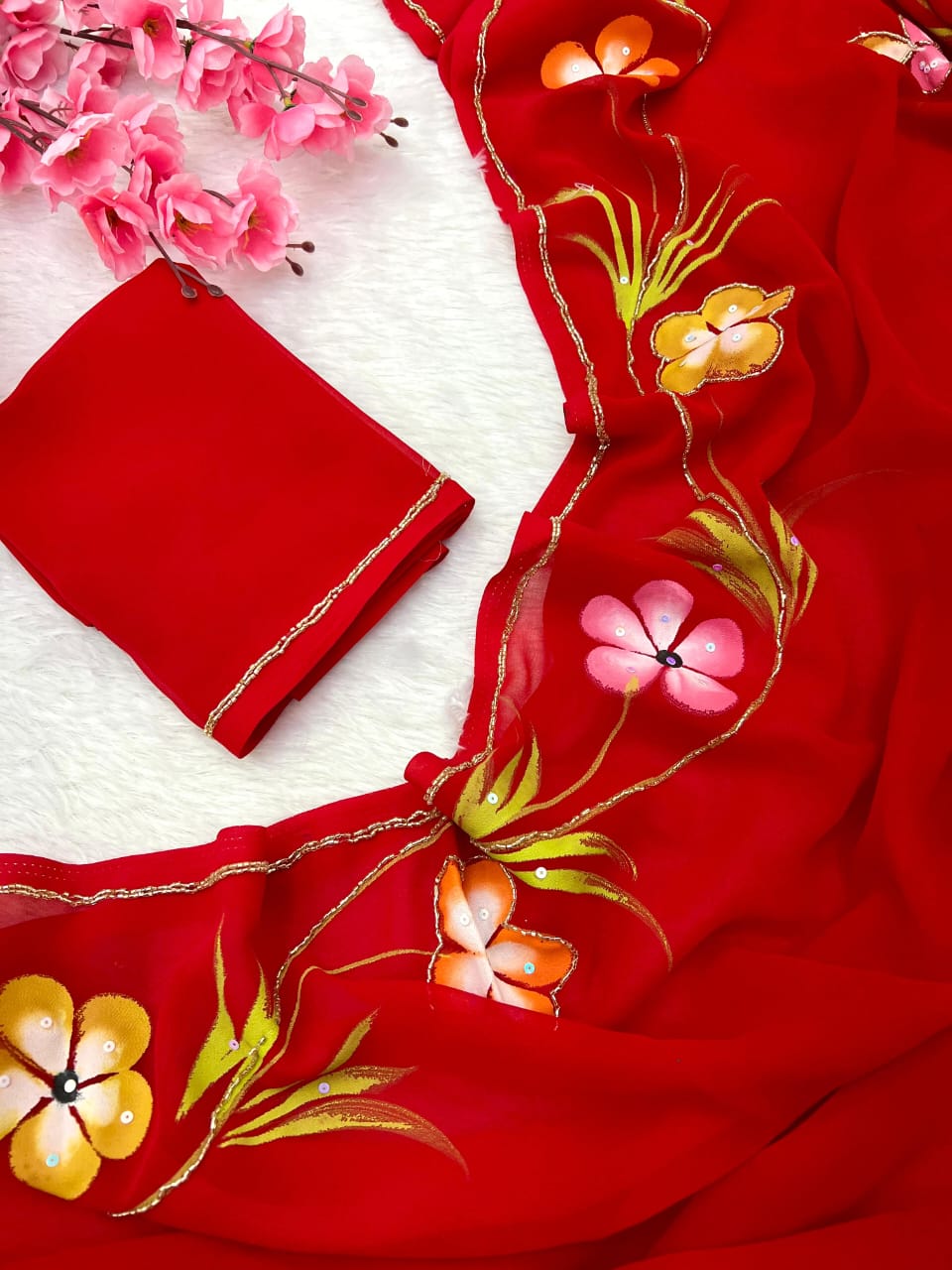 New Partywear Pure Georgette Handwork Floral Handbrush & Khatli Work Saree