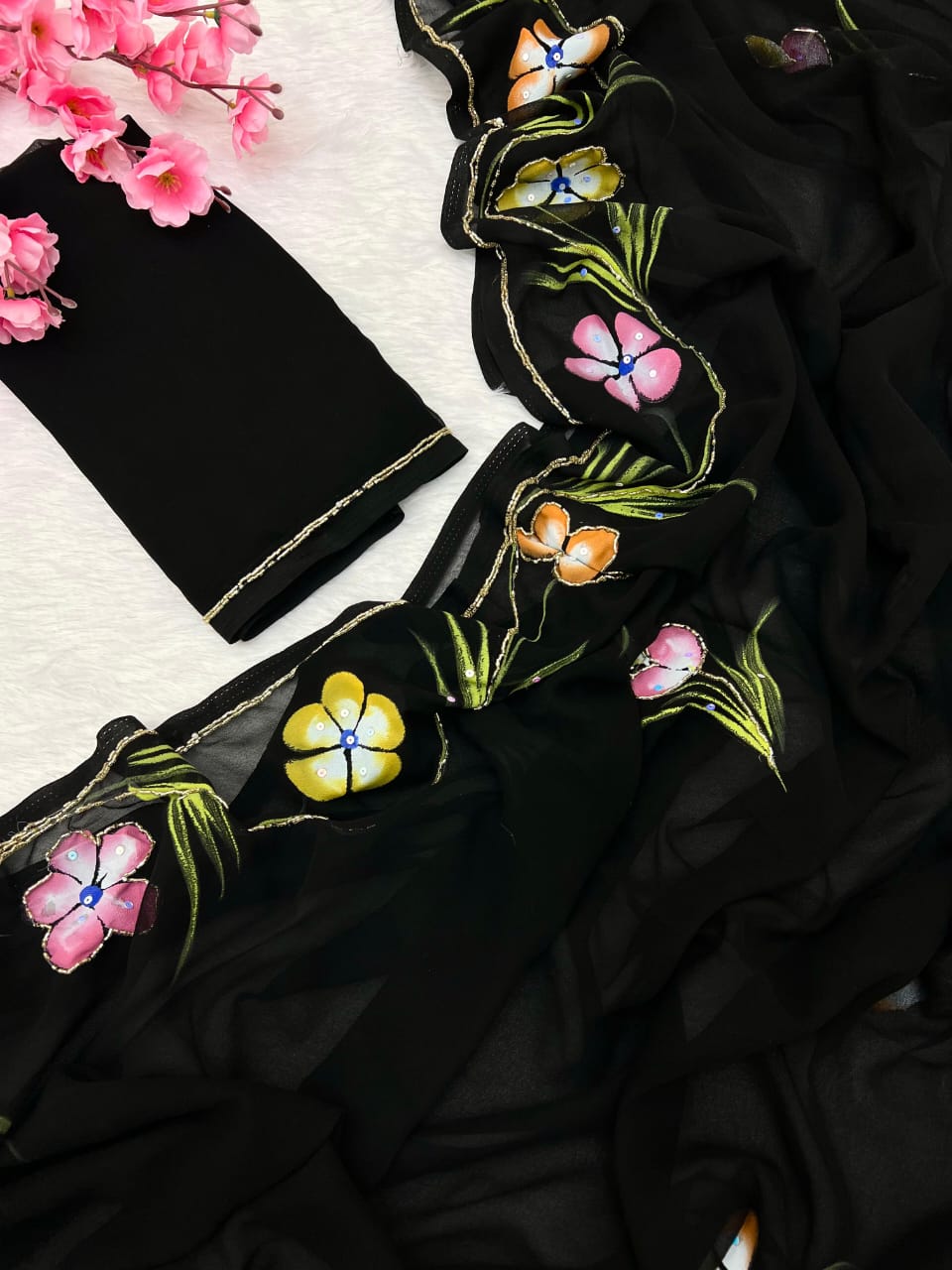 New Partywear Pure Georgette Handwork Floral Handbrush & Khatli Work Saree