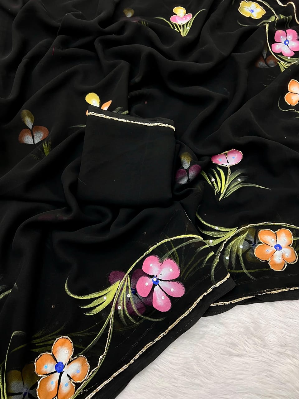 New Partywear Pure Georgette Handwork Floral Handbrush & Khatli Work Saree
