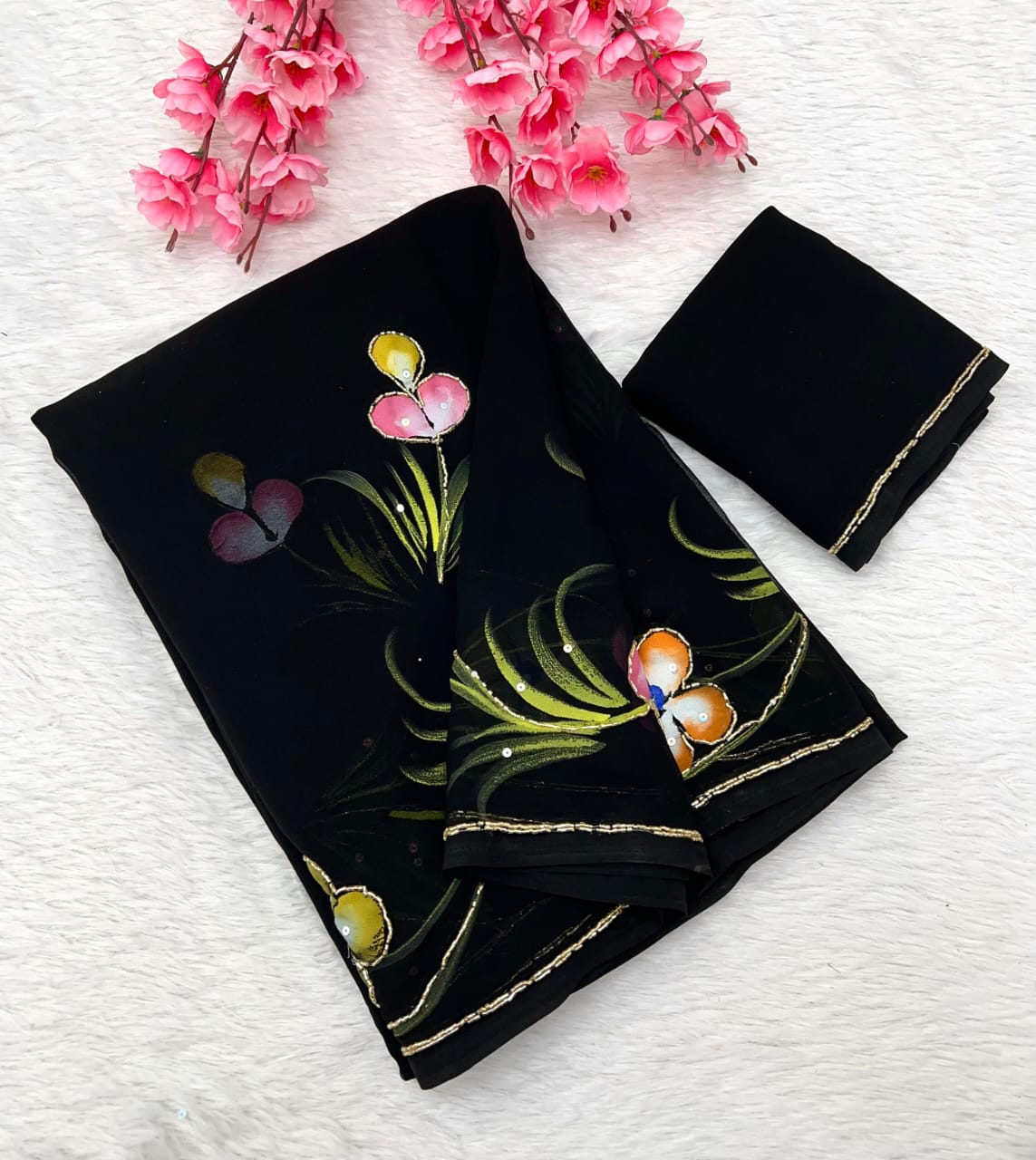 New Partywear Pure Georgette Handwork Floral Handbrush & Khatli Work Saree
