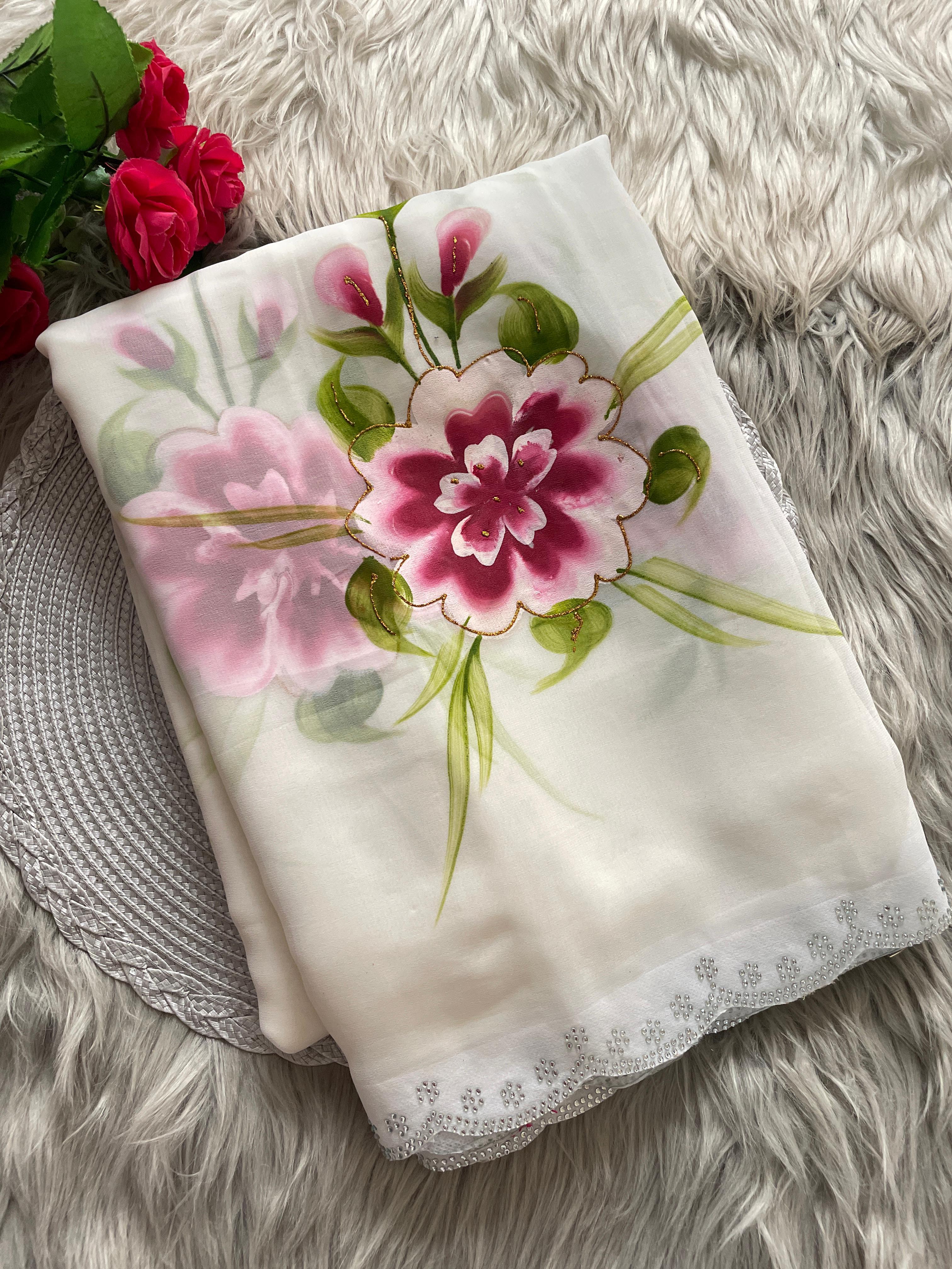 New Partywear Soft Georgette Fabric With Beautiful Floral Gold Foil Touchup Handbrush Print With Siroski Cutwork Bordar And Contrast Art Silk Blouse