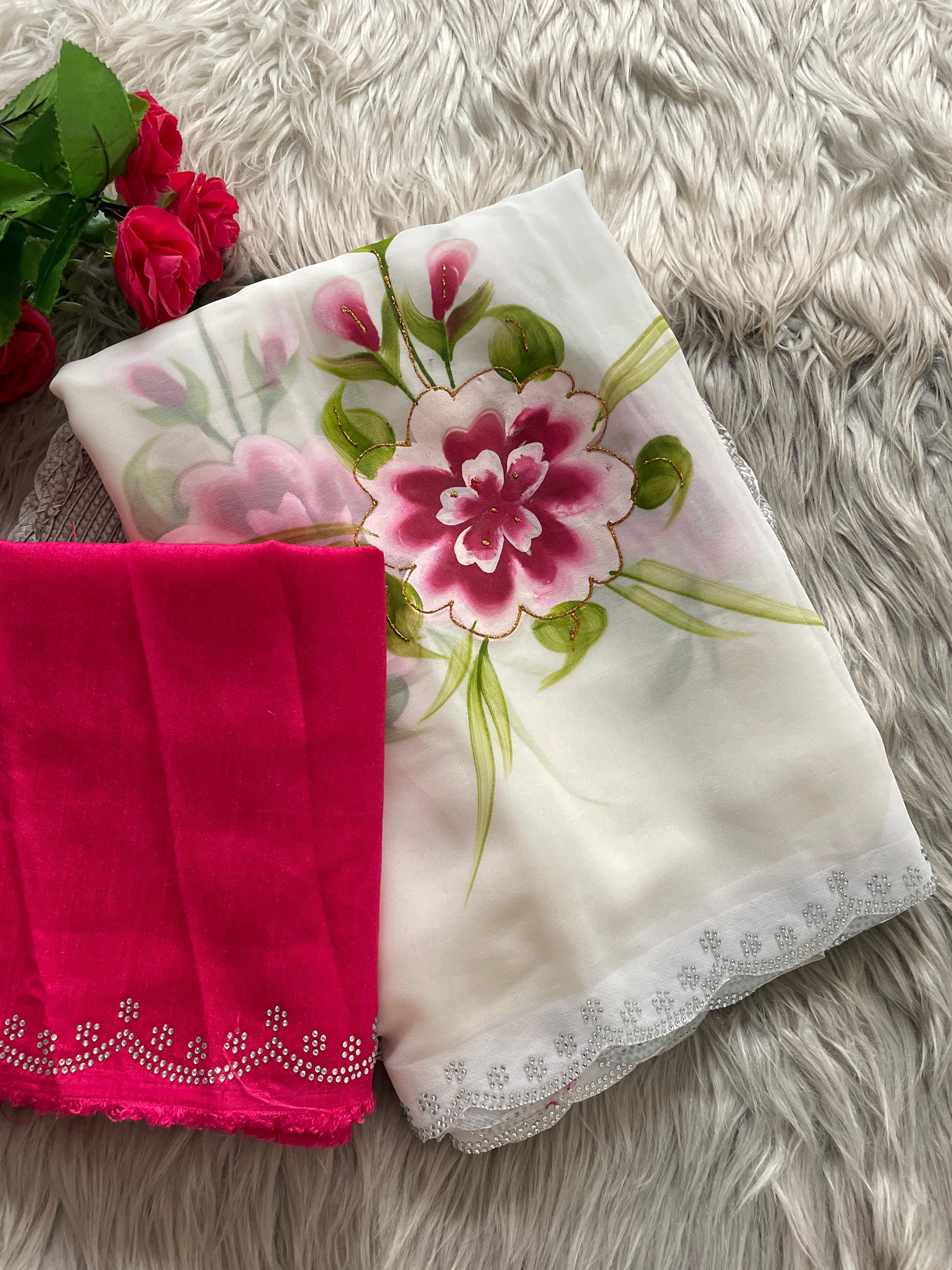 New Partywear Soft Georgette Fabric With Beautiful Floral Gold Foil Touchup Handbrush Print With Siroski Cutwork Bordar And Contrast Art Silk Blouse