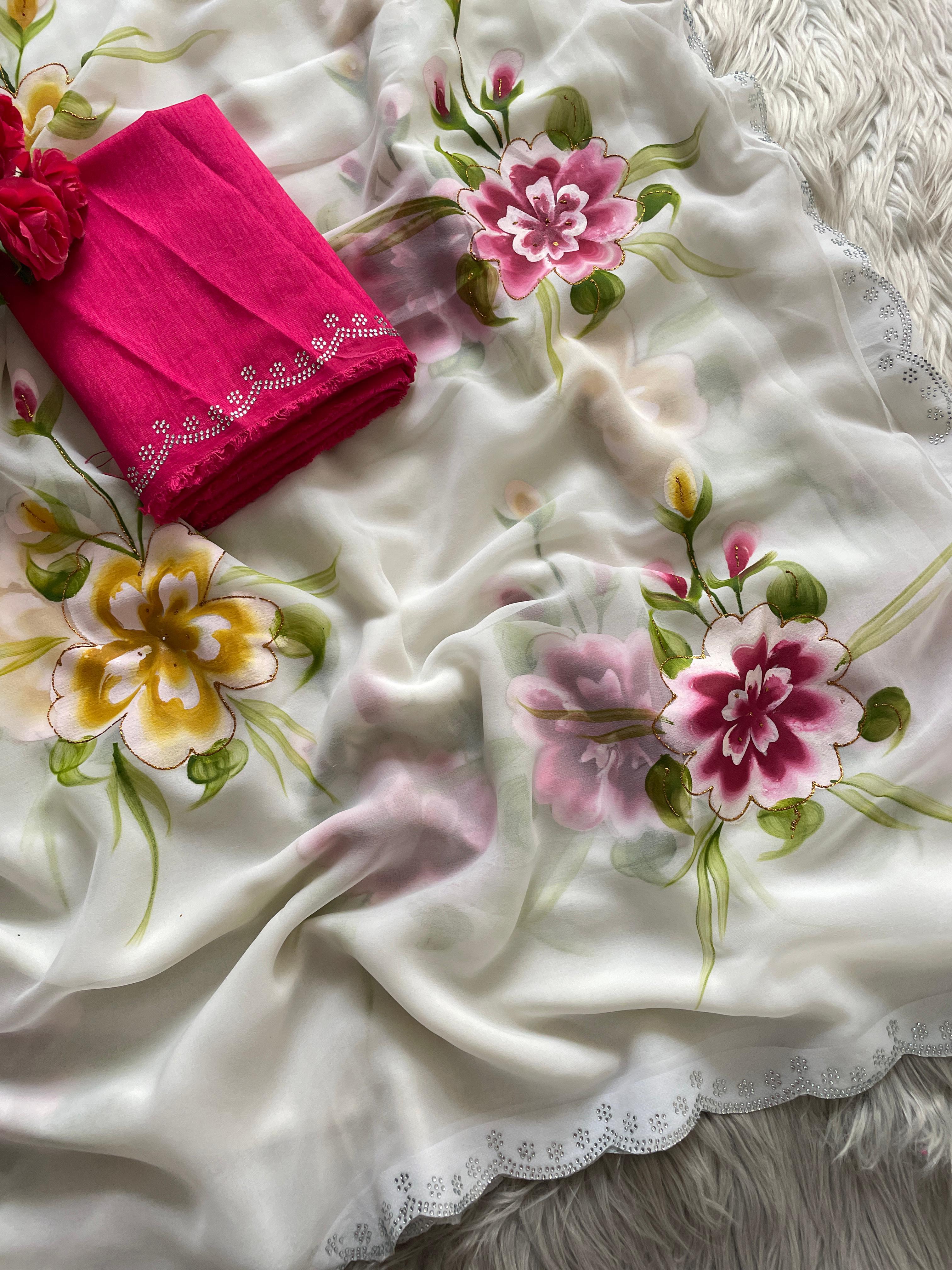 New Partywear Soft Georgette Fabric With Beautiful Floral Gold Foil Touchup Handbrush Print With Siroski Cutwork Bordar And Contrast Art Silk Blouse