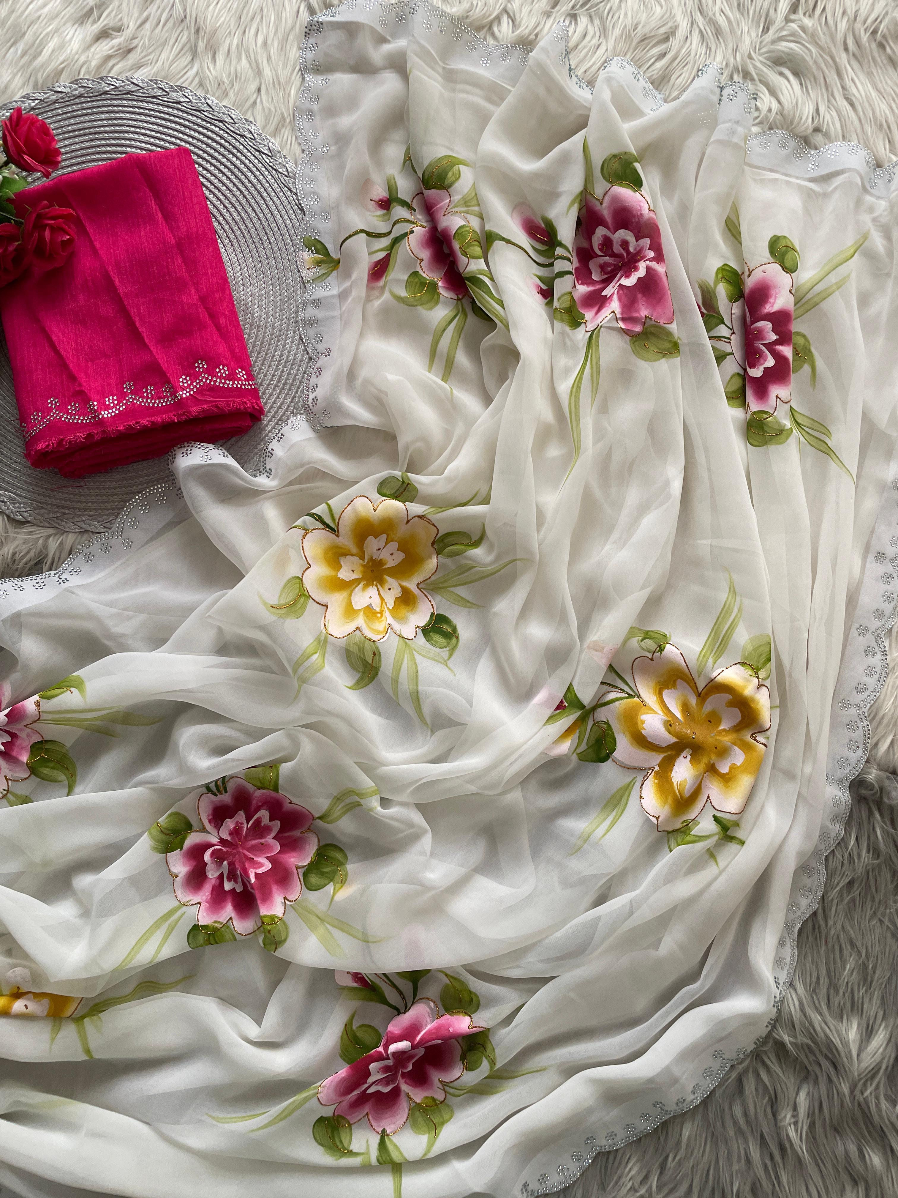 New Partywear Soft Georgette Fabric With Beautiful Floral Gold Foil Touchup Handbrush Print With Siroski Cutwork Bordar And Contrast Art Silk Blouse