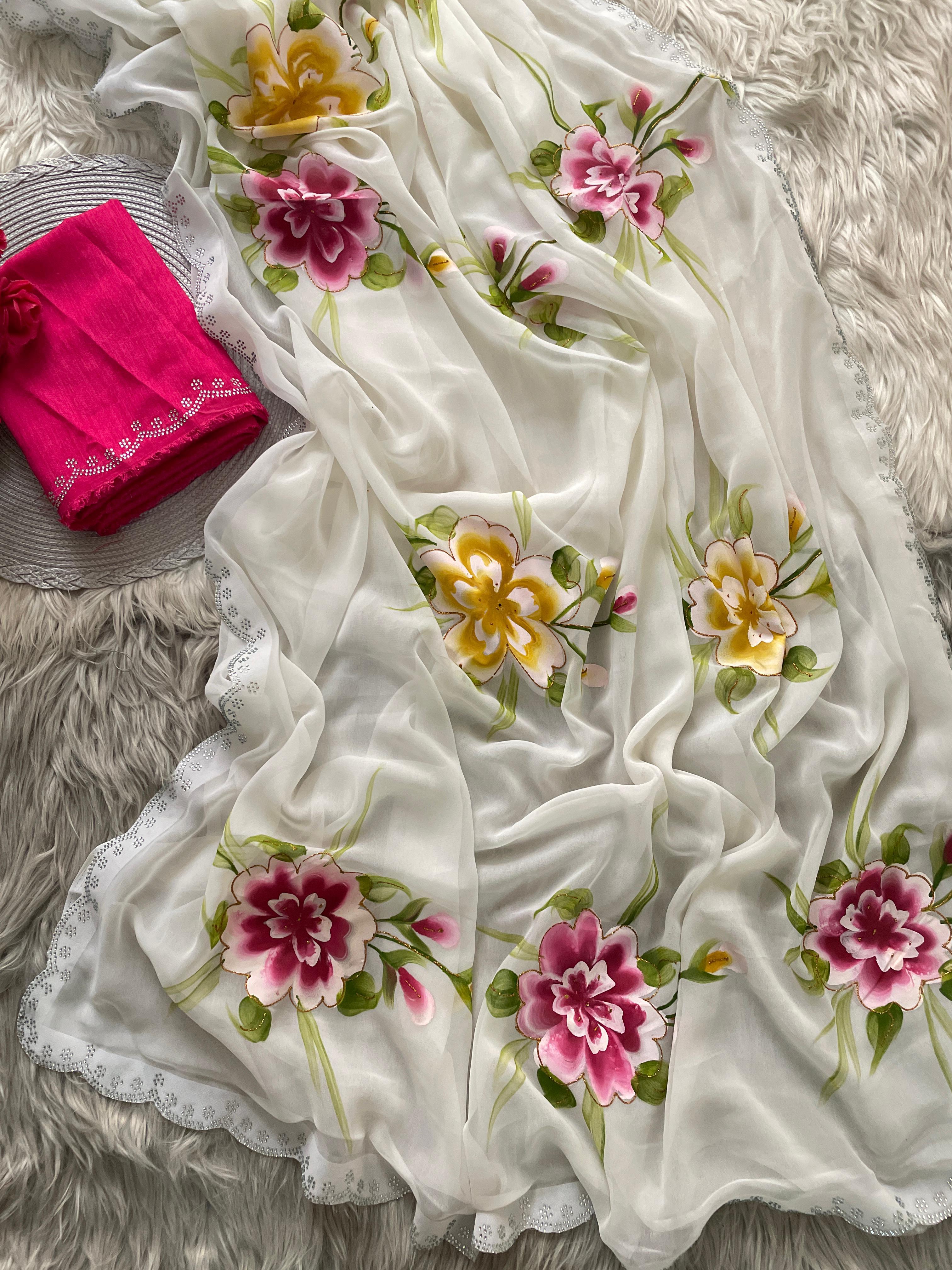 New Partywear Soft Georgette Fabric With Beautiful Floral Gold Foil Touchup Handbrush Print With Siroski Cutwork Bordar And Contrast Art Silk Blouse