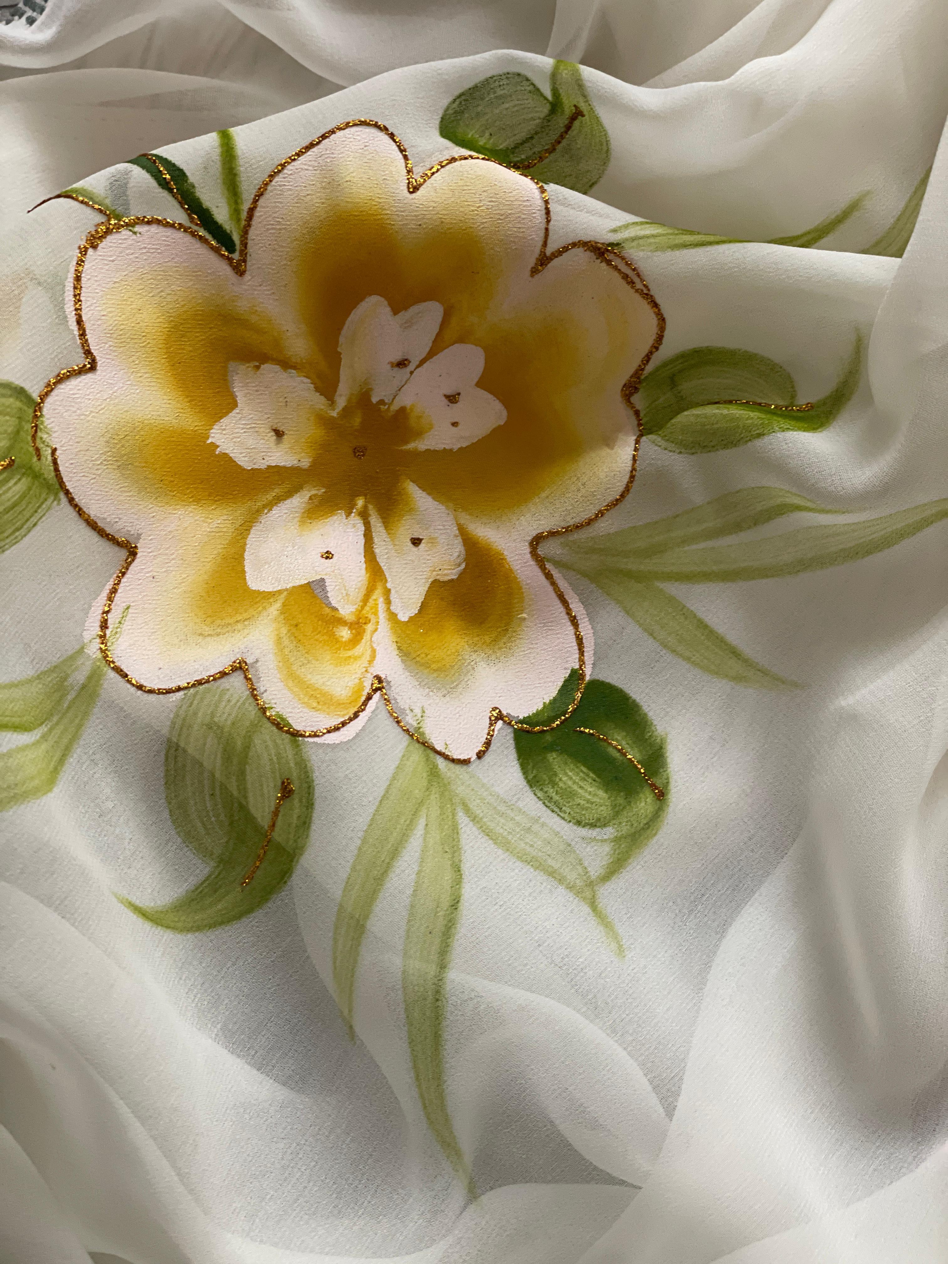 New Partywear Soft Georgette Fabric With Beautiful Floral Gold Foil Touchup Handbrush Print With Siroski Cutwork Bordar And Contrast Art Silk Blouse