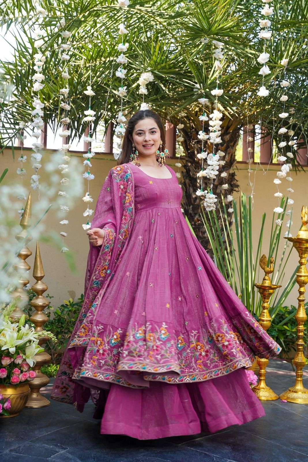 Dusty Rose Premium Designer Anarkali Gown Sharara Set