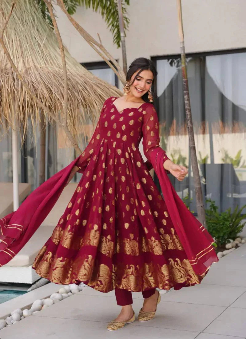 Maroon Heavy Faux Georgette with Embroidery Work n Full Sleeves Anarkali Suit