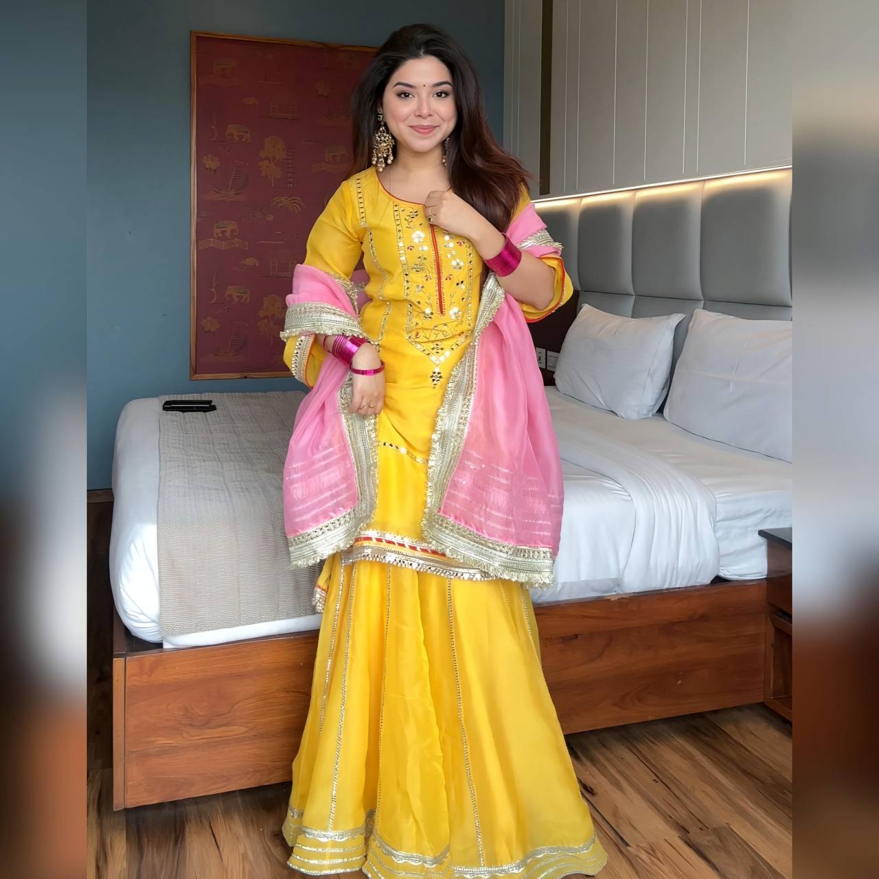 Yellow Premium Anarkali Designer Chinon Silk Kurta Sharara Set