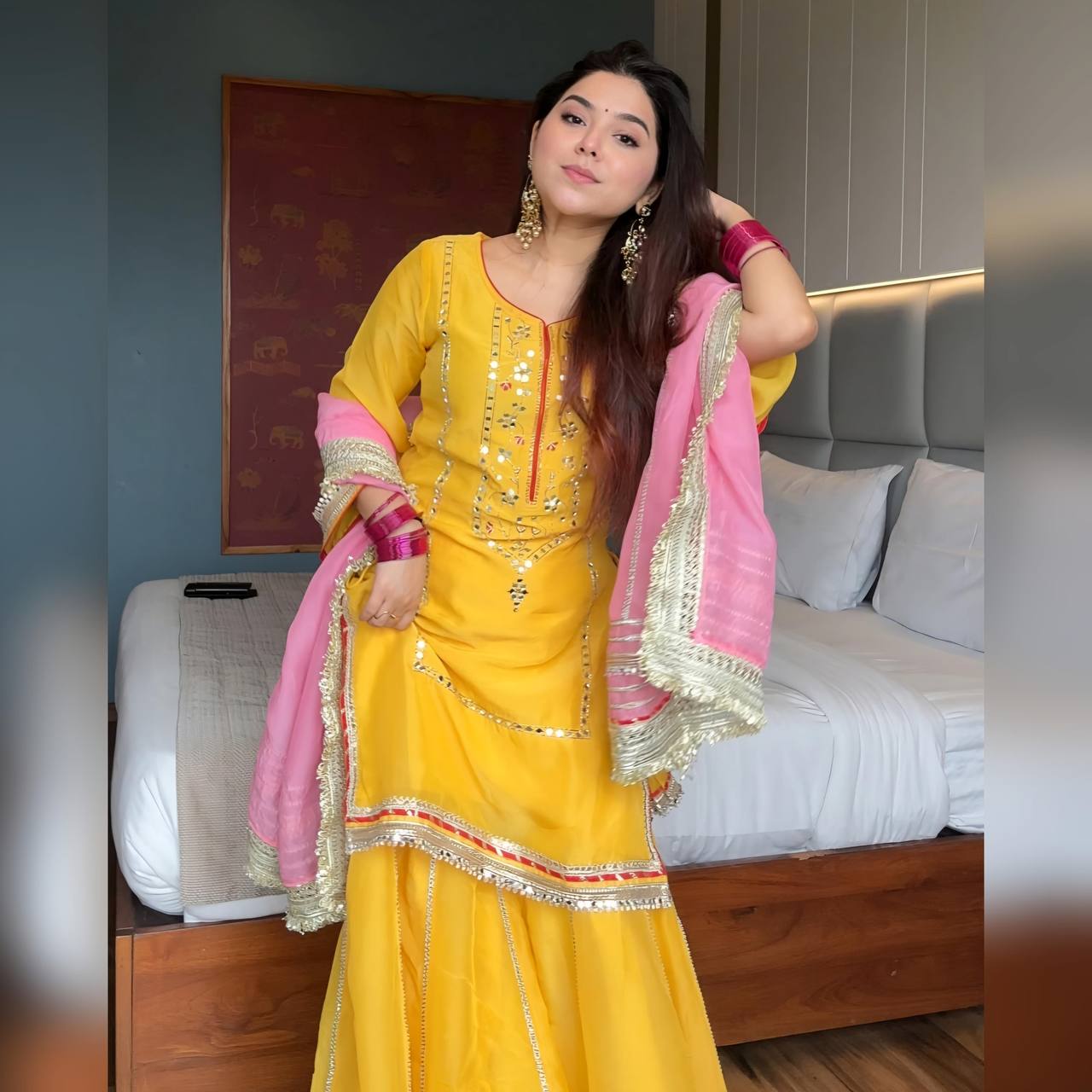 Yellow Premium Anarkali Designer Chinon Silk Kurta Sharara Set