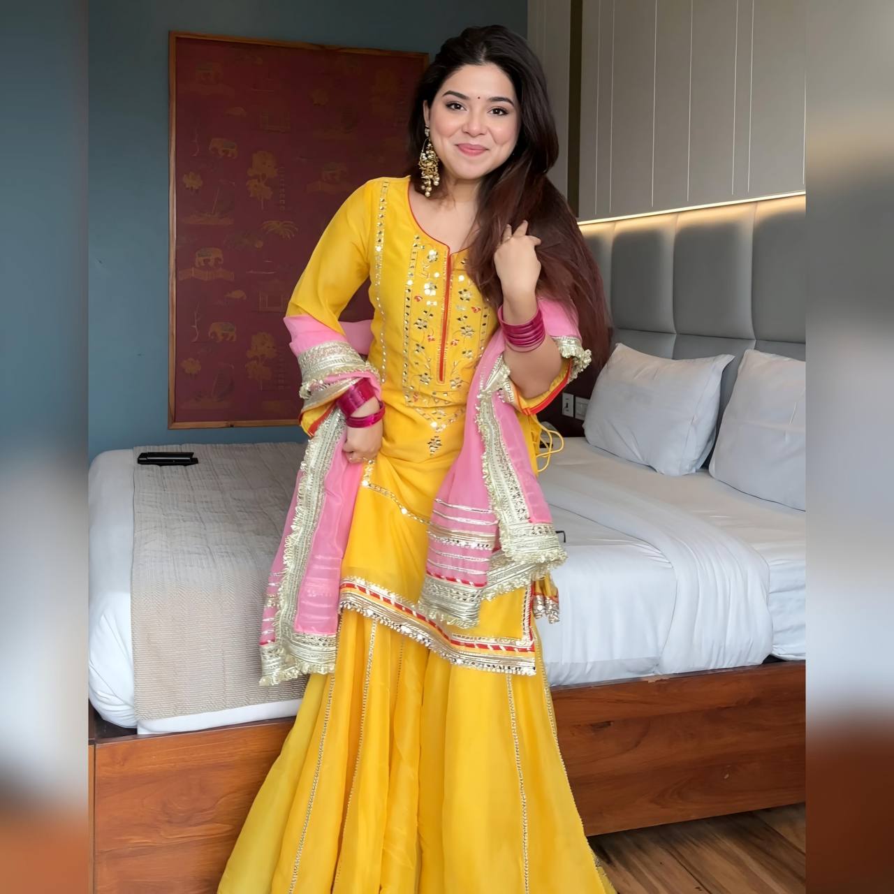 Yellow Premium Anarkali Designer Chinon Silk Kurta Sharara Set