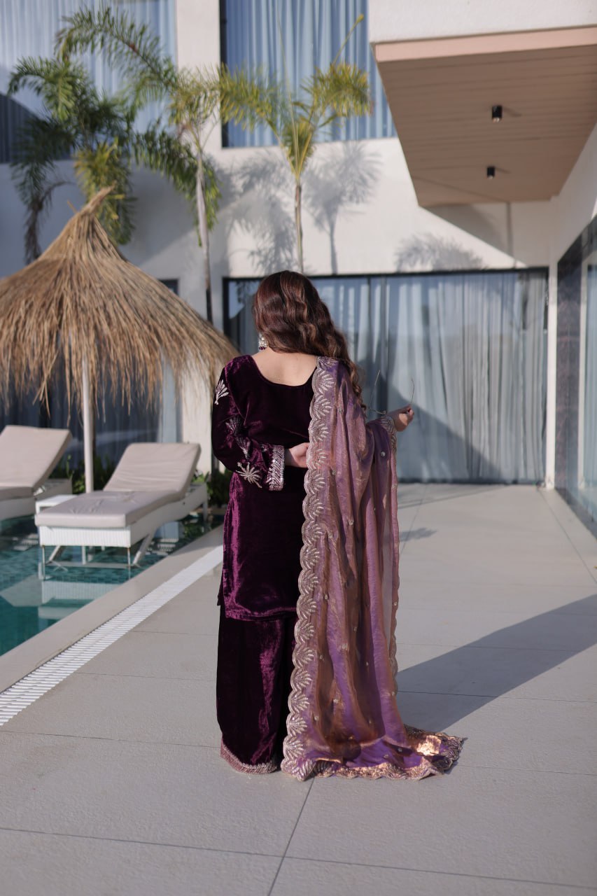 Elegant Ice Velvet Palazzo Set with Rich Zari Embroidery Kurta Set