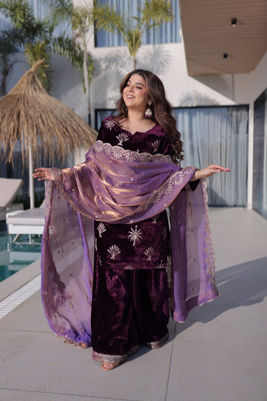 Elegant Ice Velvet Palazzo Set with Rich Zari Embroidery Kurta Set