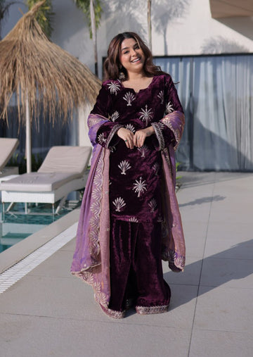 Elegant Ice Velvet Palazzo Set with Rich Zari Embroidery Kurta Set