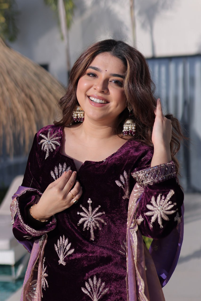 Elegant Ice Velvet Palazzo Set with Rich Zari Embroidery Kurta Set