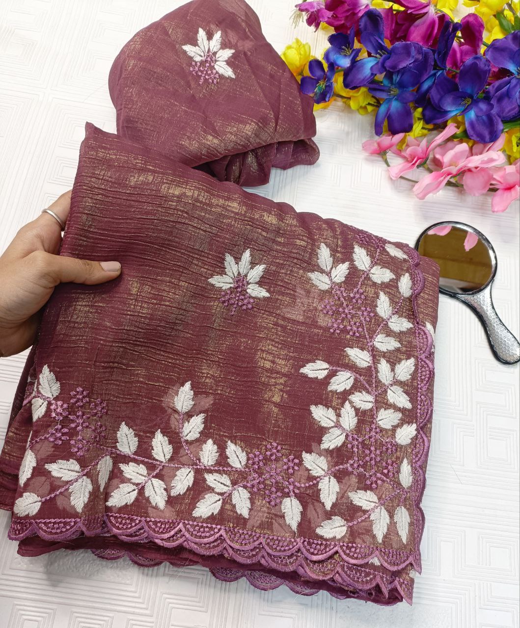 New Partywear Look Fancy Designer Cotton Tread Work Embroidery Saree With Super Blouse