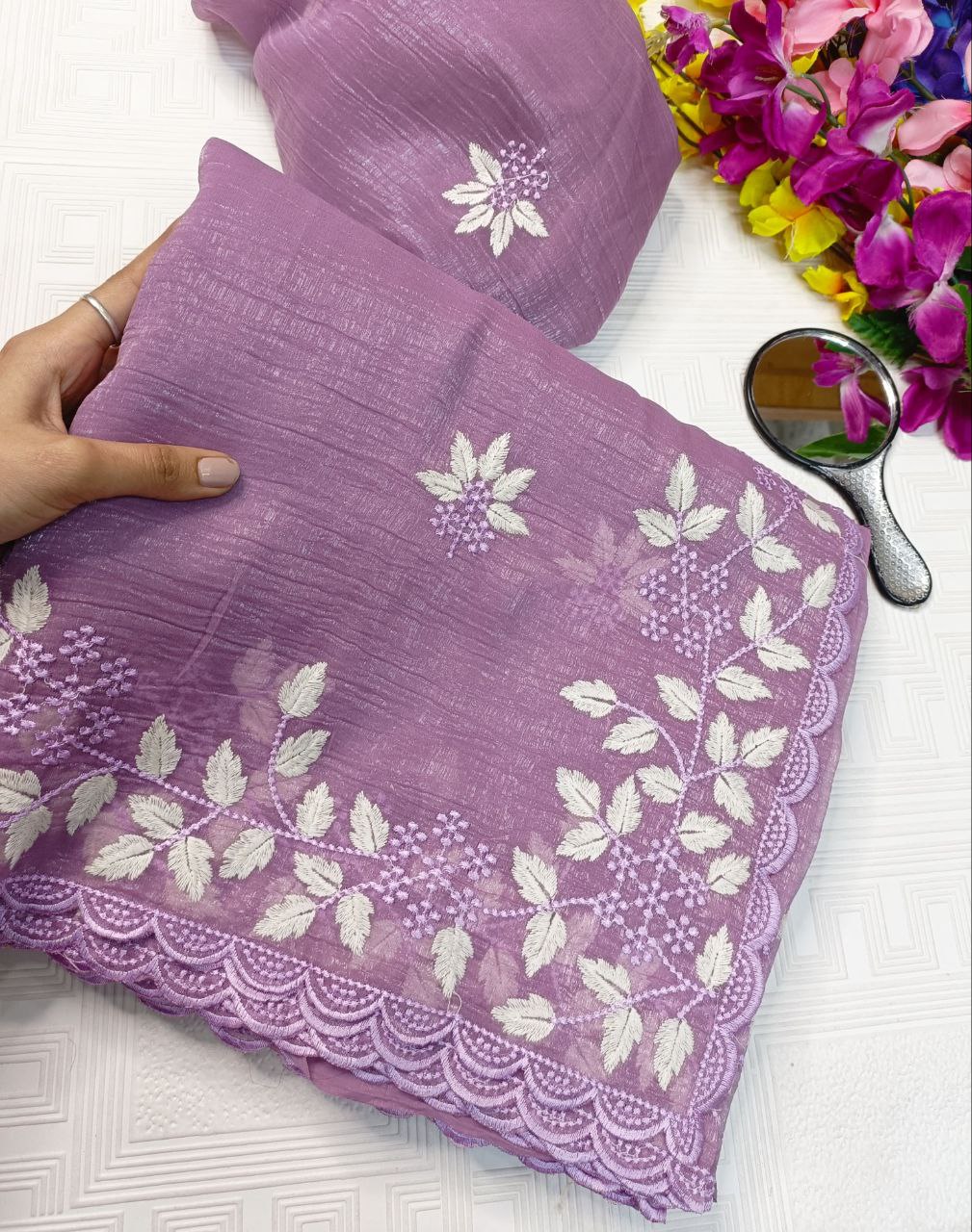 New Partywear Look Fancy Designer Cotton Tread Work Embroidery Saree With Super Blouse