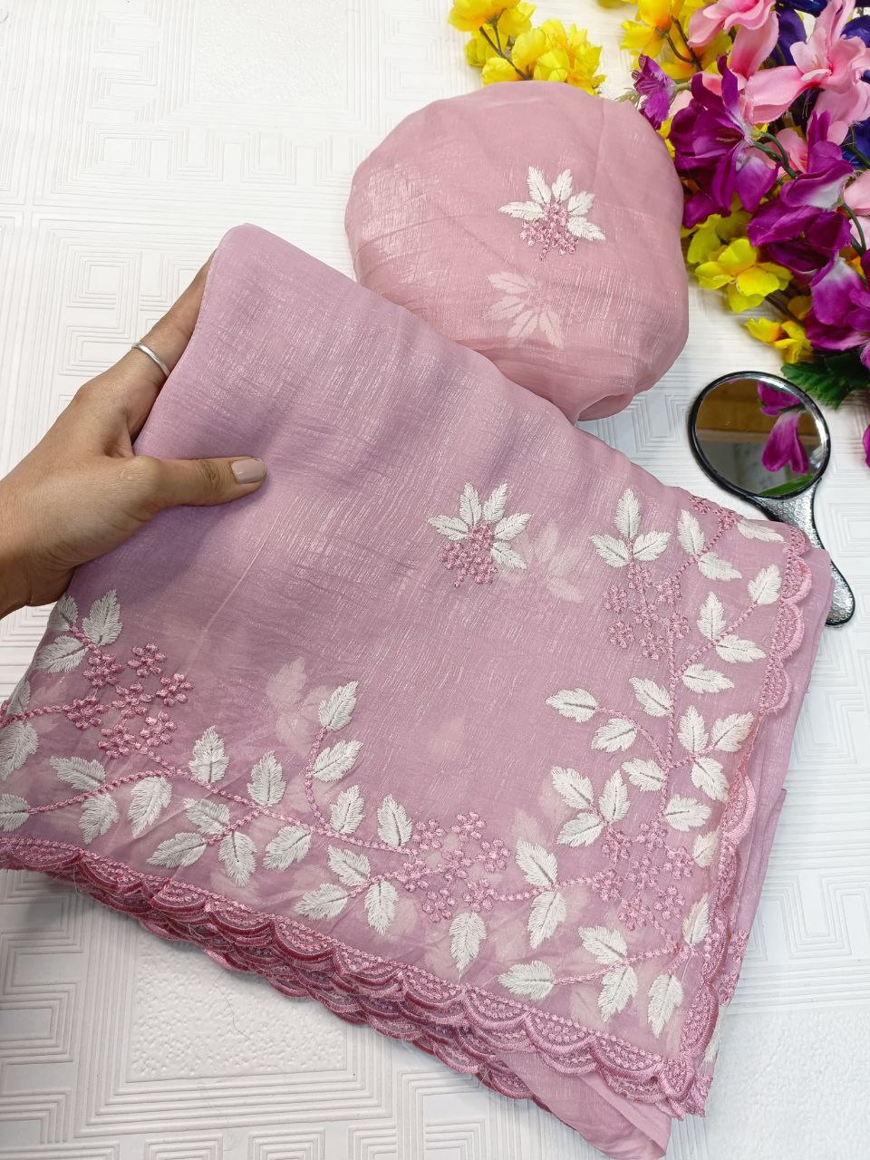New Partywear Look Fancy Designer Cotton Tread Work Embroidery Saree With Super Blouse