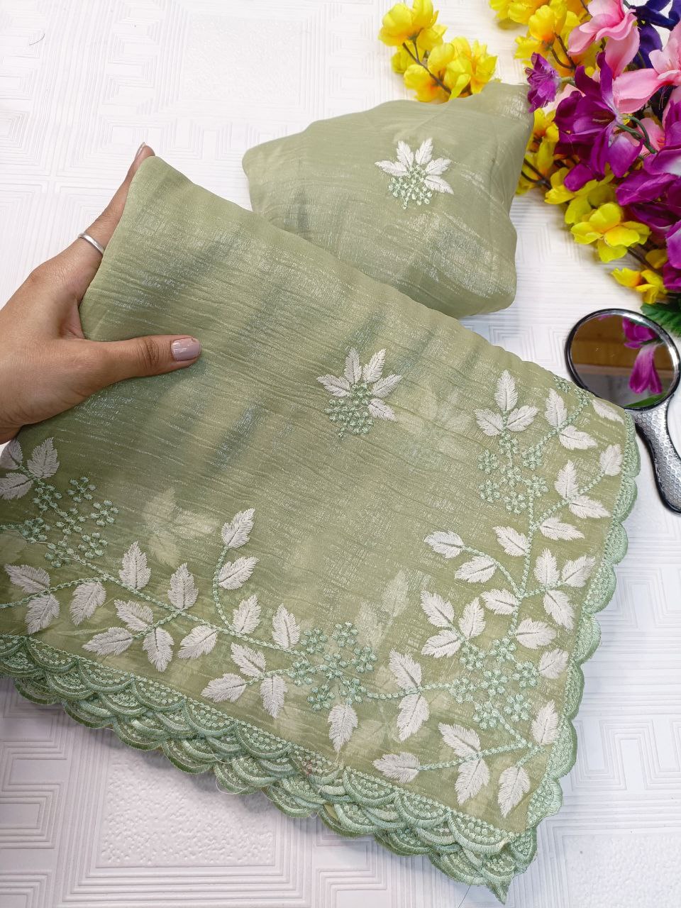 New Partywear Look Fancy Designer Cotton Tread Work Embroidery Saree With Super Blouse