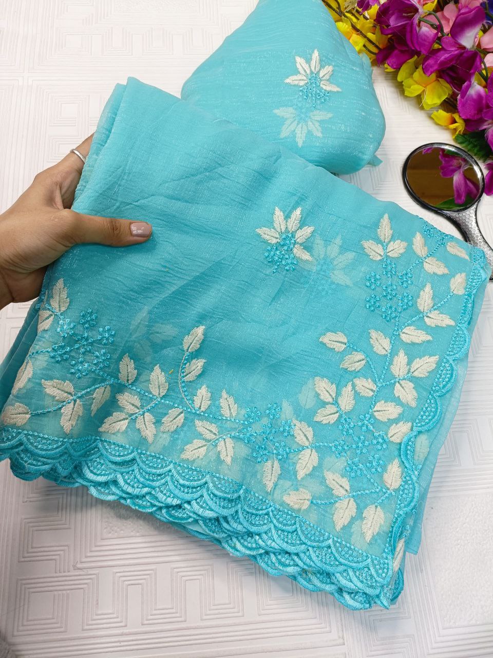 New Partywear Look Fancy Designer Cotton Tread Work Embroidery Saree With Super Blouse