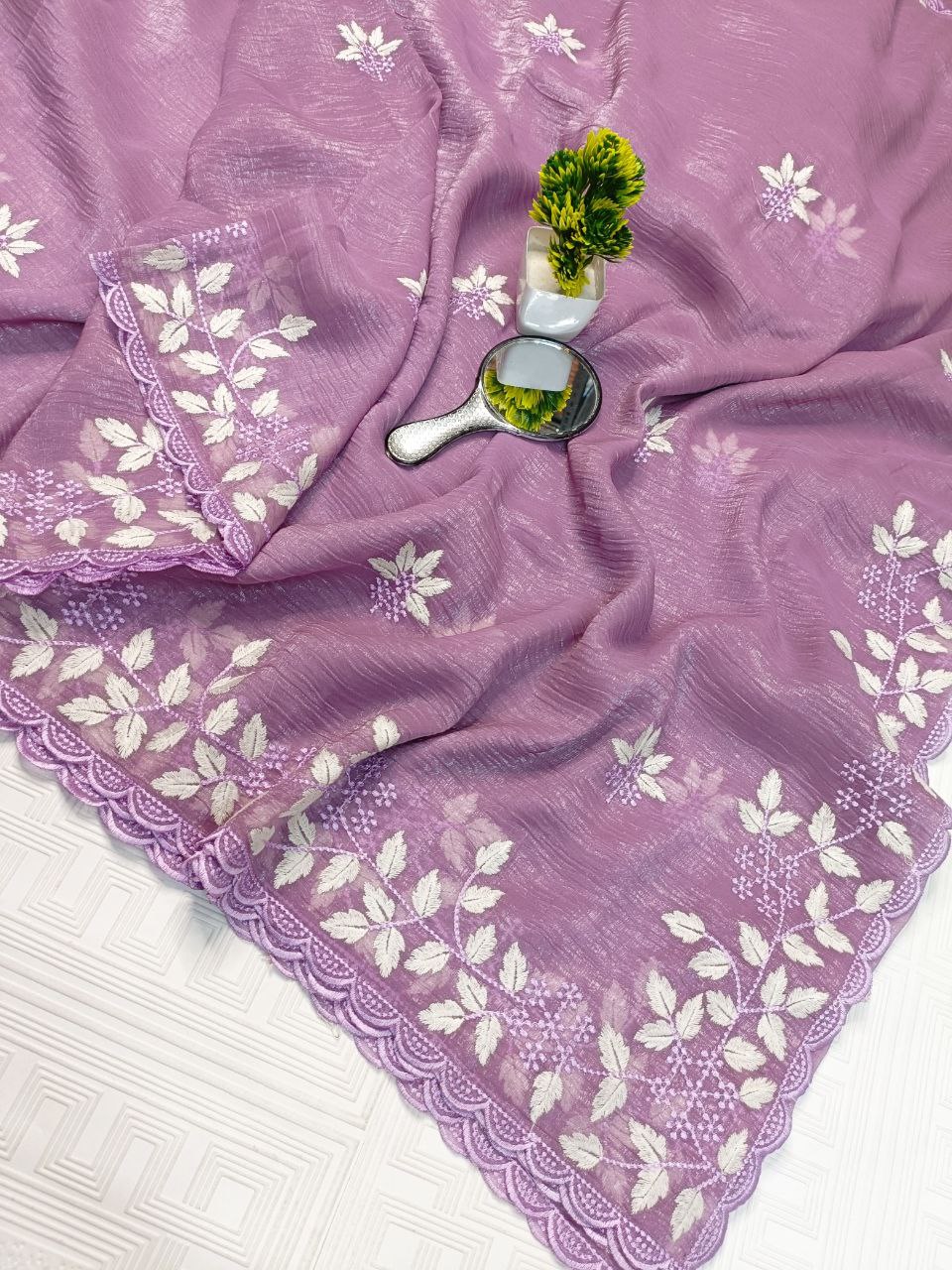 New Partywear Look Fancy Designer Cotton Tread Work Embroidery Saree With Super Blouse